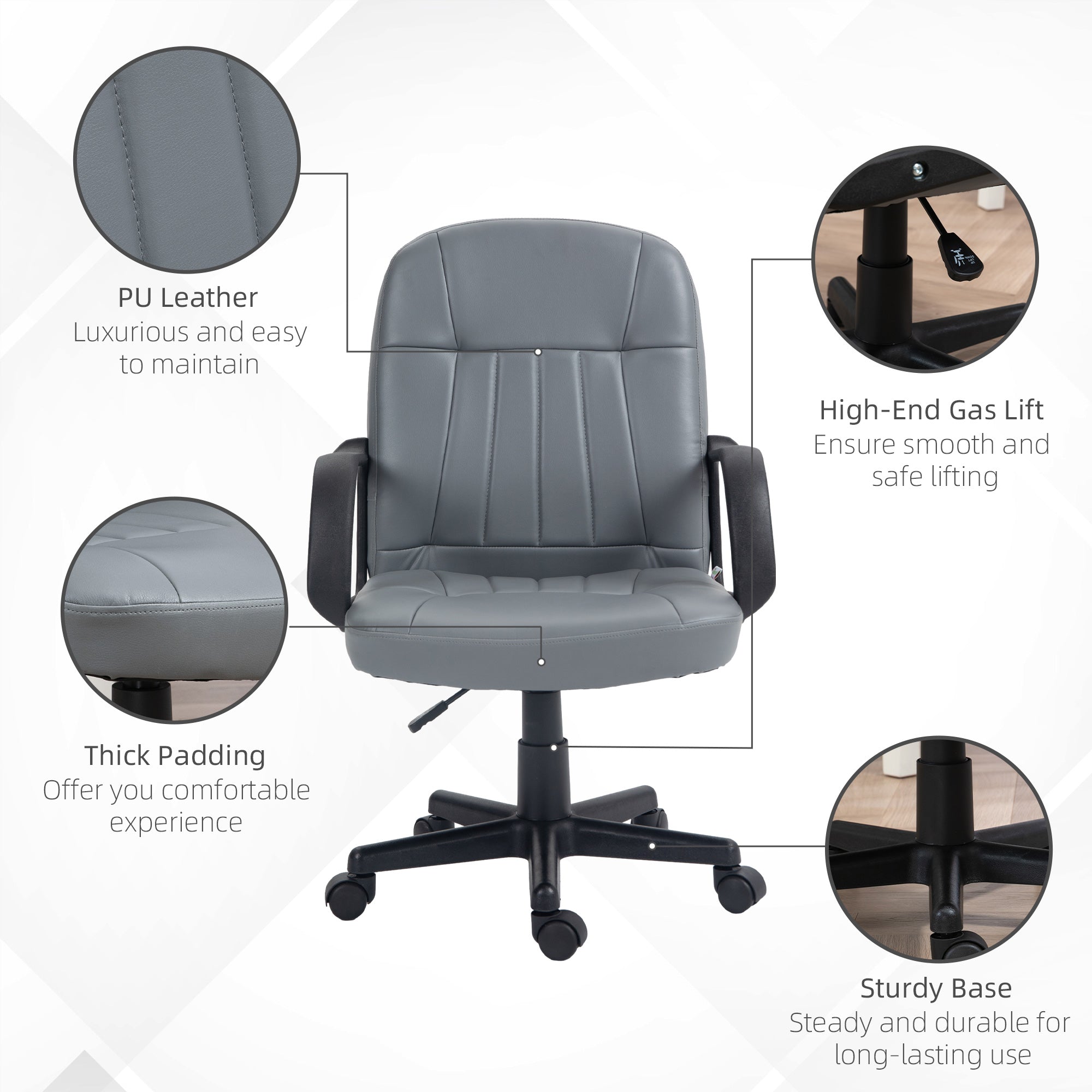 HOMCOM Office Chair, PU Leather Computer Desk Chair with Adjustable Height, Swivel Wheels for Home Office Work Study, Grey