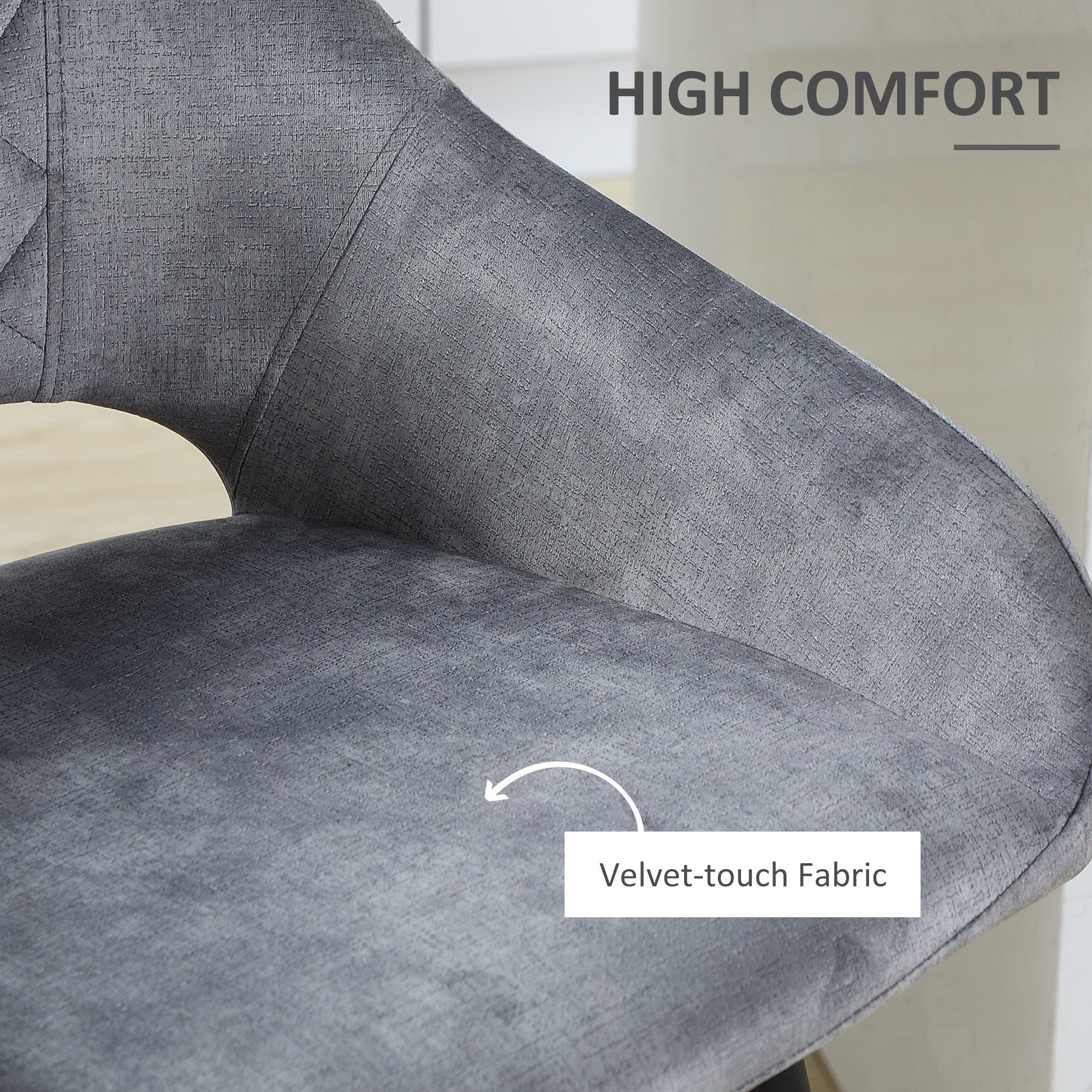 HOMCOM Bar Stools Set of 2, Velvet-Touch Fabric Counter Height Bar Chairs, Kitchen Stools with Steel Legs for Dining Area, Kitchen Island Barstools, Grey