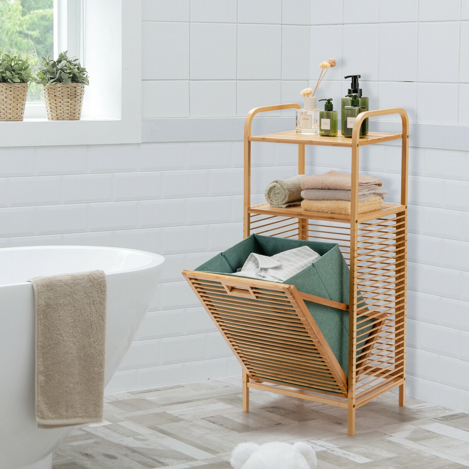 Bamboo Laundry Bin with Storage and Removable Basket