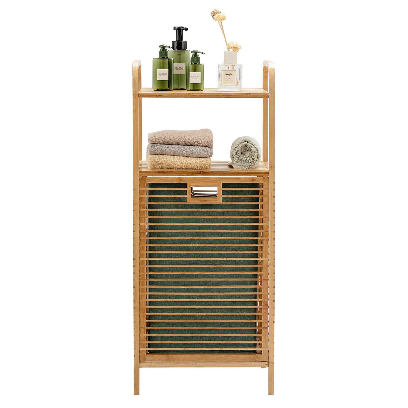 Bamboo Laundry Bin with Storage and Removable Basket