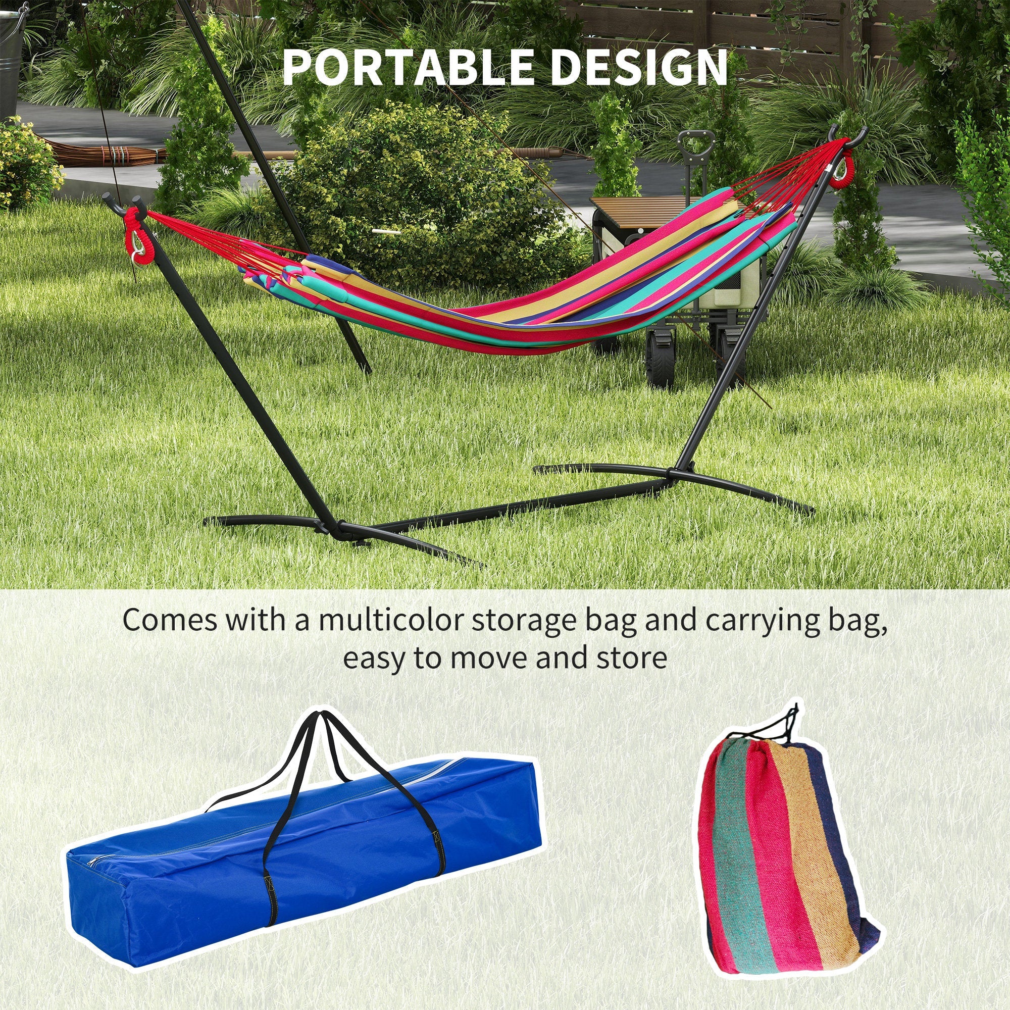 Outsunny 298 x 117cm Hammock with Stand Camping Hammock with Portable Carrying Bag, Adjustable Height, 120kg Load Capacity, Red Stripe