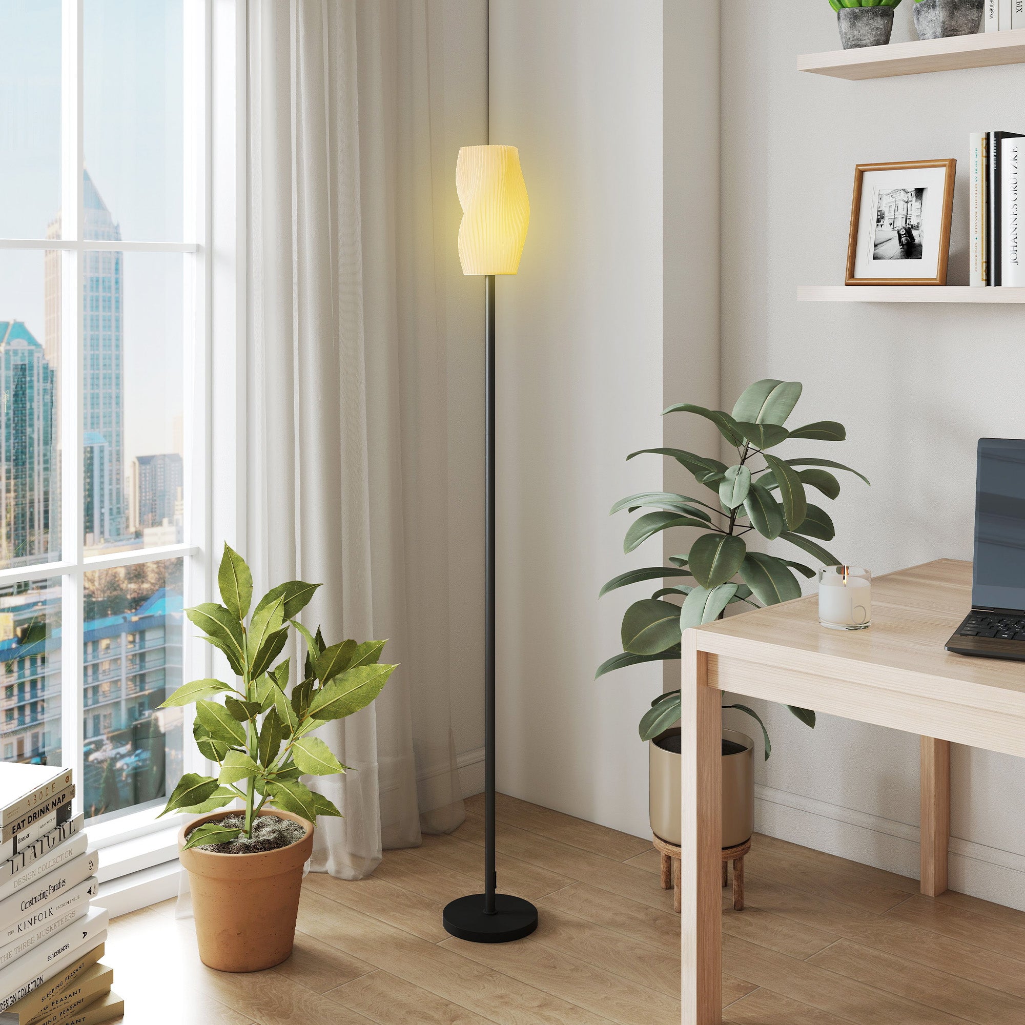 HOMCOM Floor Lamp for Living Room, 3D Printed Modern Standing Lamp with Flowing Curved Shade & Foot Switch, Minimalist Tall Pole Lampshade for Bedroom, Office, E27 Holder without Bulb (25W Max), White