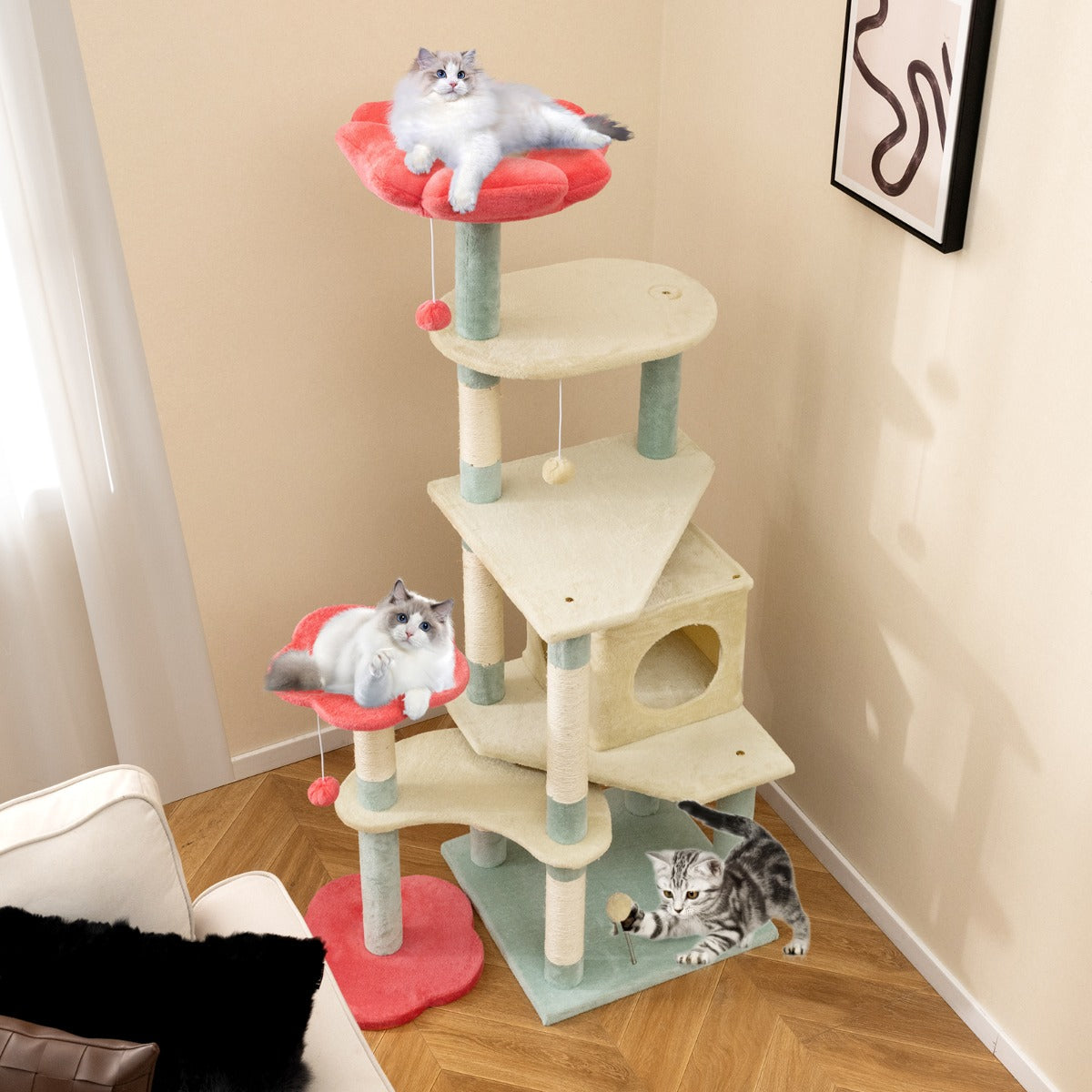 Multi-Level Aesthetic Floral Kitten Tower with Flower-Shaped Padded Perch-Colourful