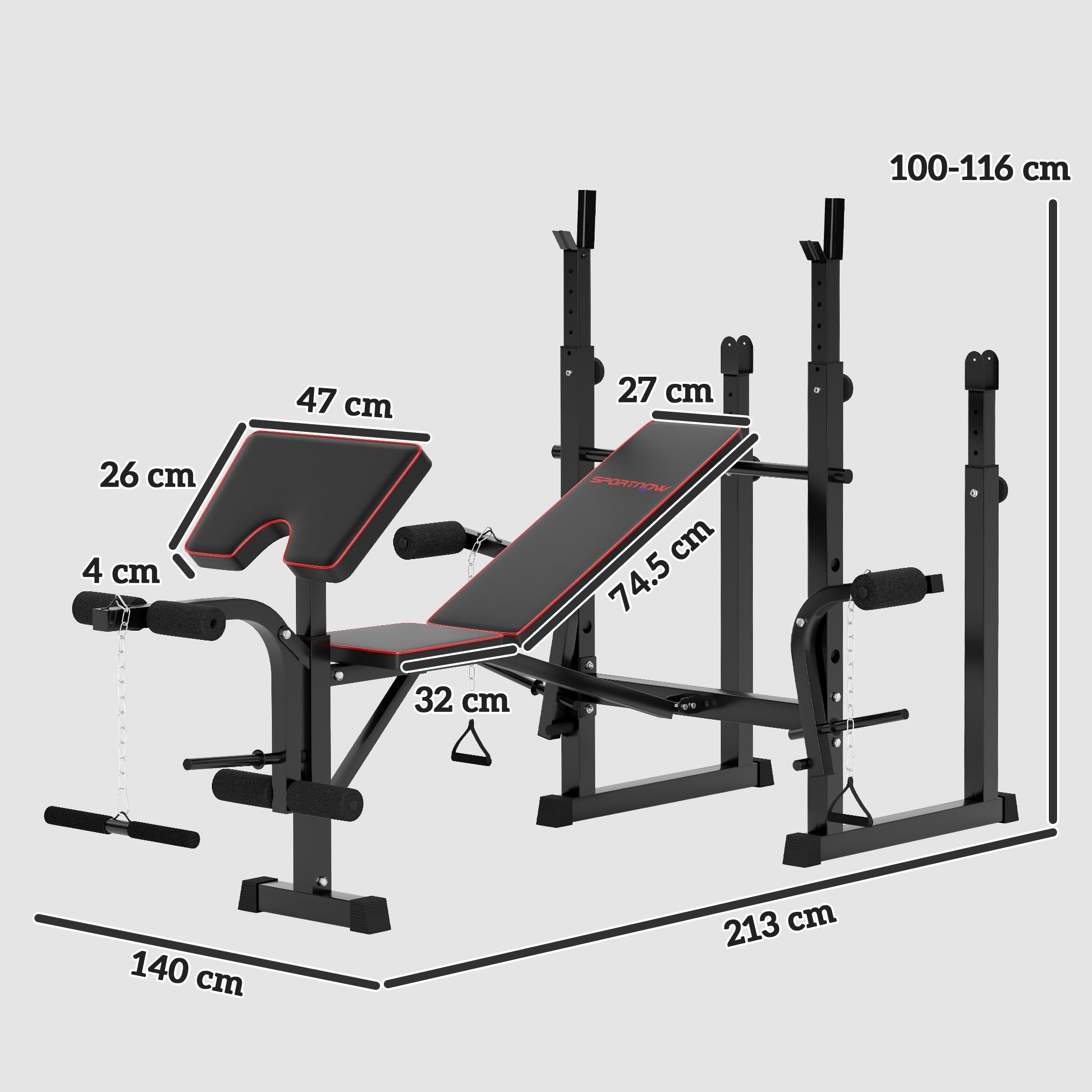 SPORTNOW Weight Bench with Two Barbell Racks, Leg Curl Machine, Preacher Curl Bench, Black