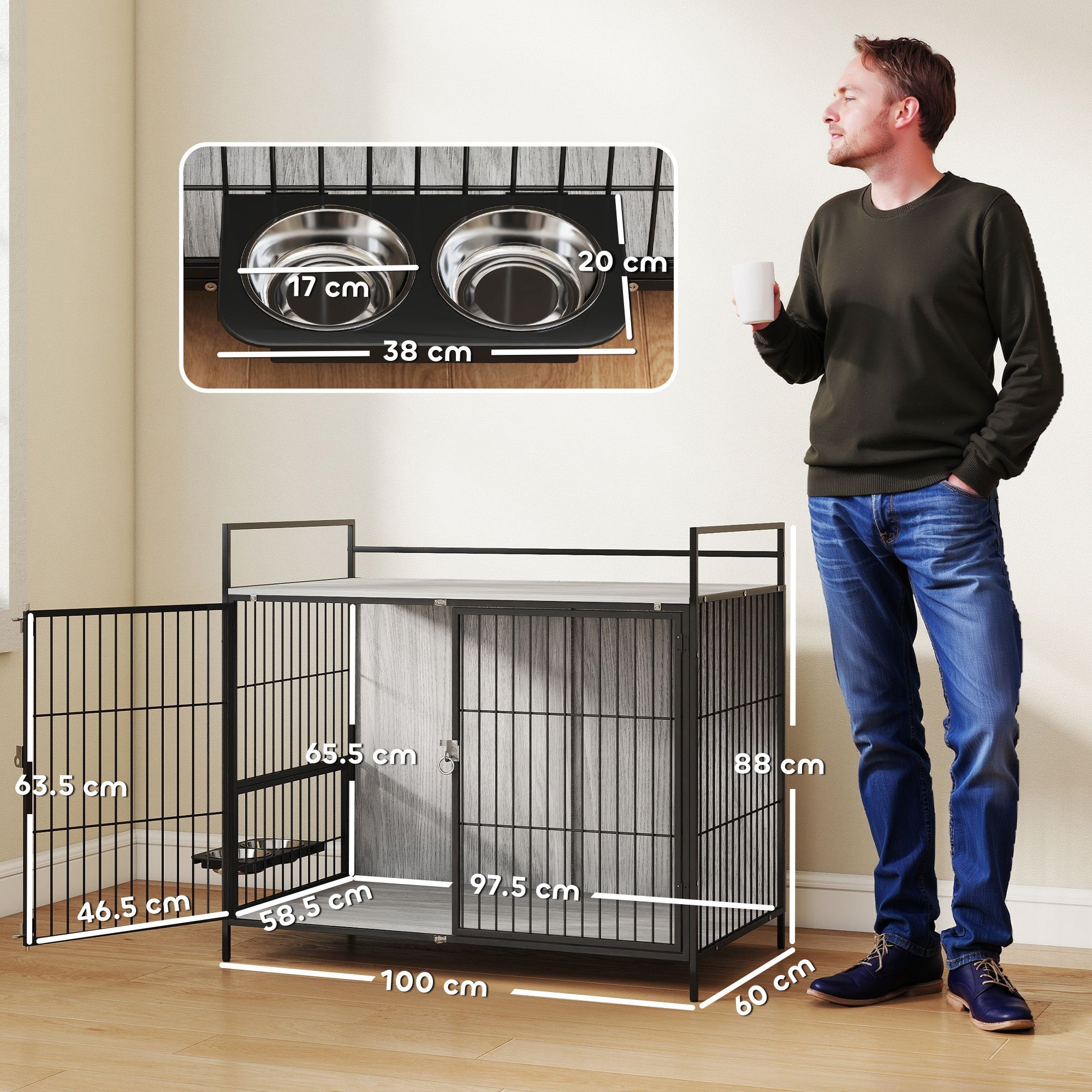 PawHut Large Dog Crate Furniture with Rotating Bowl Holder, 2 Bowls, 2 Doors, for Large Dogs, 100 x 60 x 88 cm, Grey