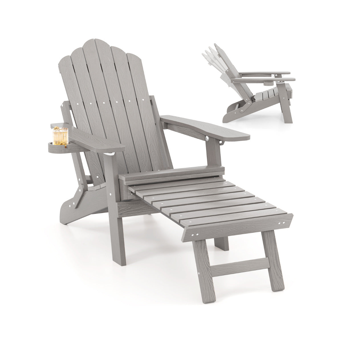 All-Weather HIPS Lounge Patio Adirondack Chair with Retractable Footrest-Grey
