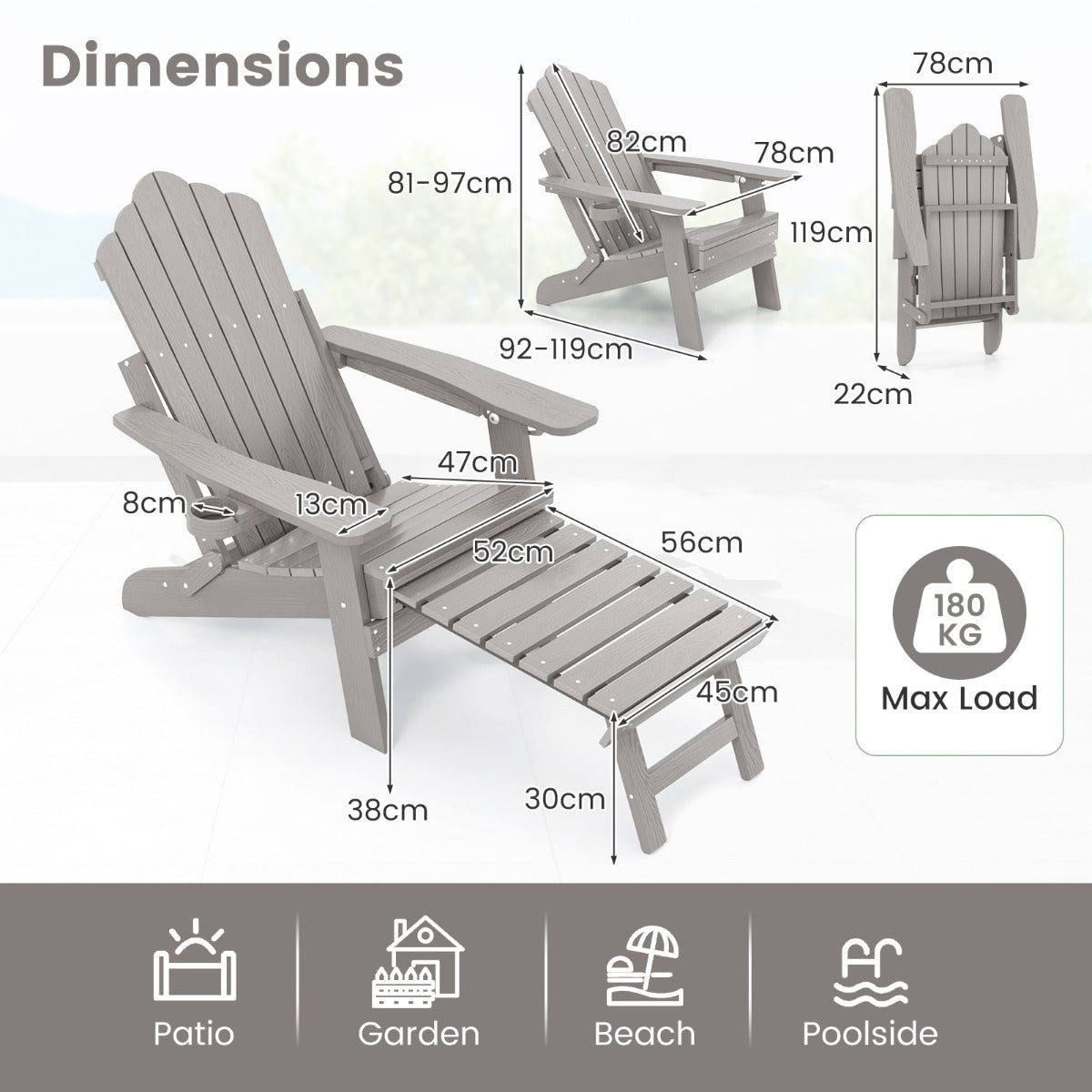 All-Weather HIPS Lounge Patio Adirondack Chair with Retractable Footrest-Grey