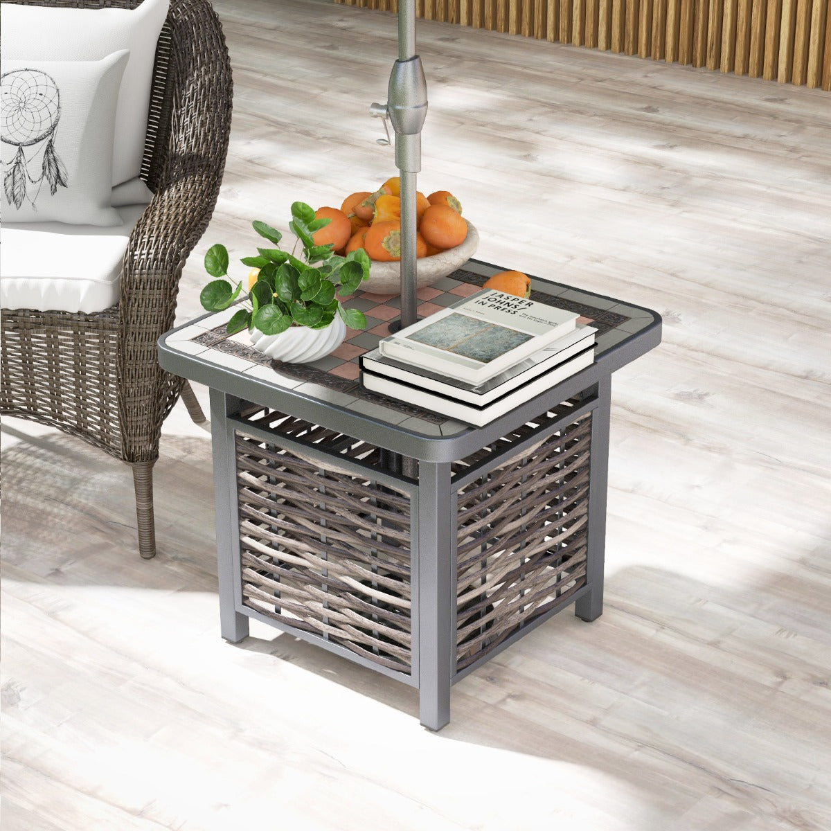 All Weather Patio Square End Table with Resin Tabletop and Umbrella Hole