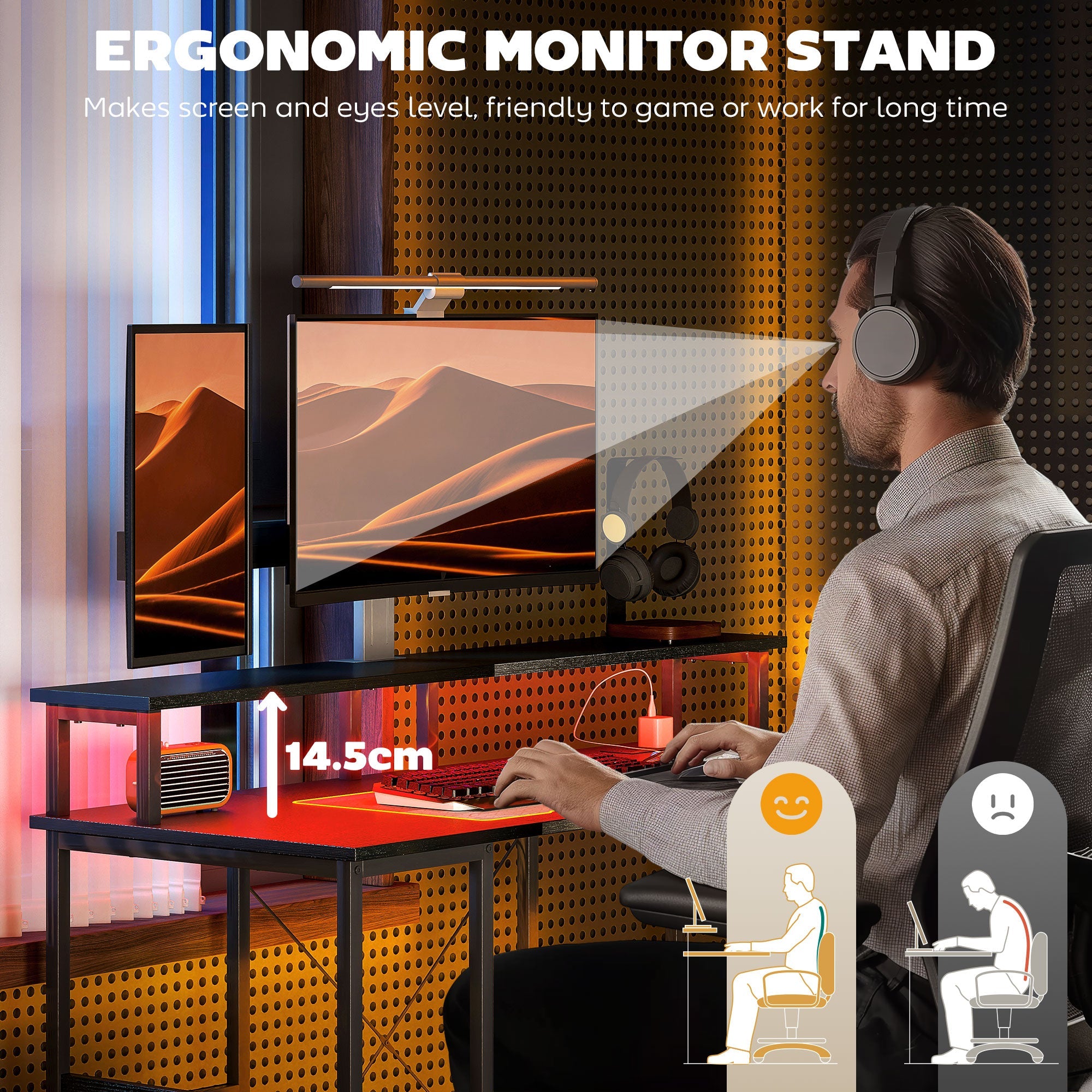 HOMCOM LED Computer Desk, with Power Outlets and Shelves - Black