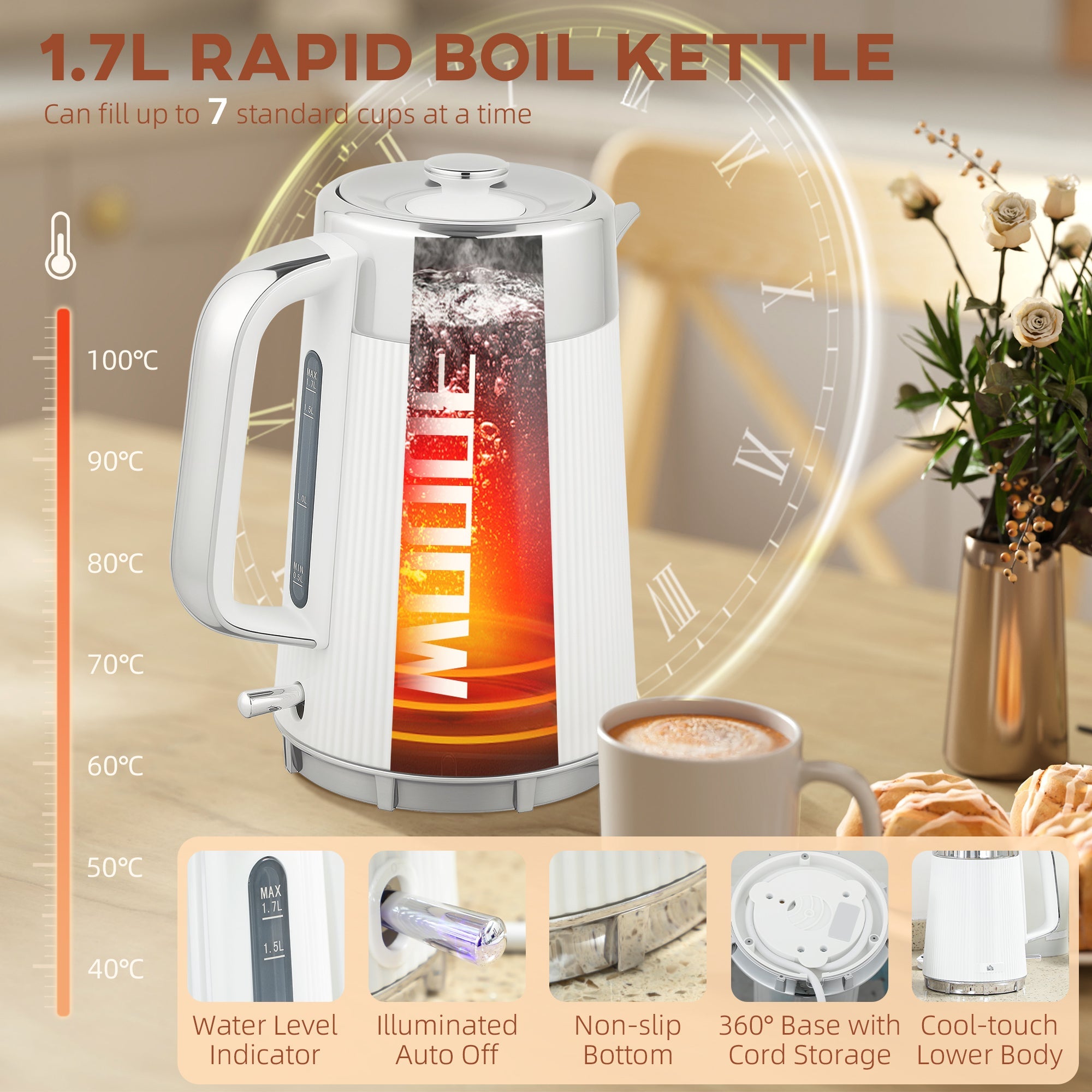 HOMCOM Electric Kettle and Toaster Set, 3000W 1.7L UK Strix Thermostat Rapid Boil Jug Kettle with Limescale Filter, Cool Touch Body, 4 Slice Toaster with 7 Browning Controls, Crumb Tray, White