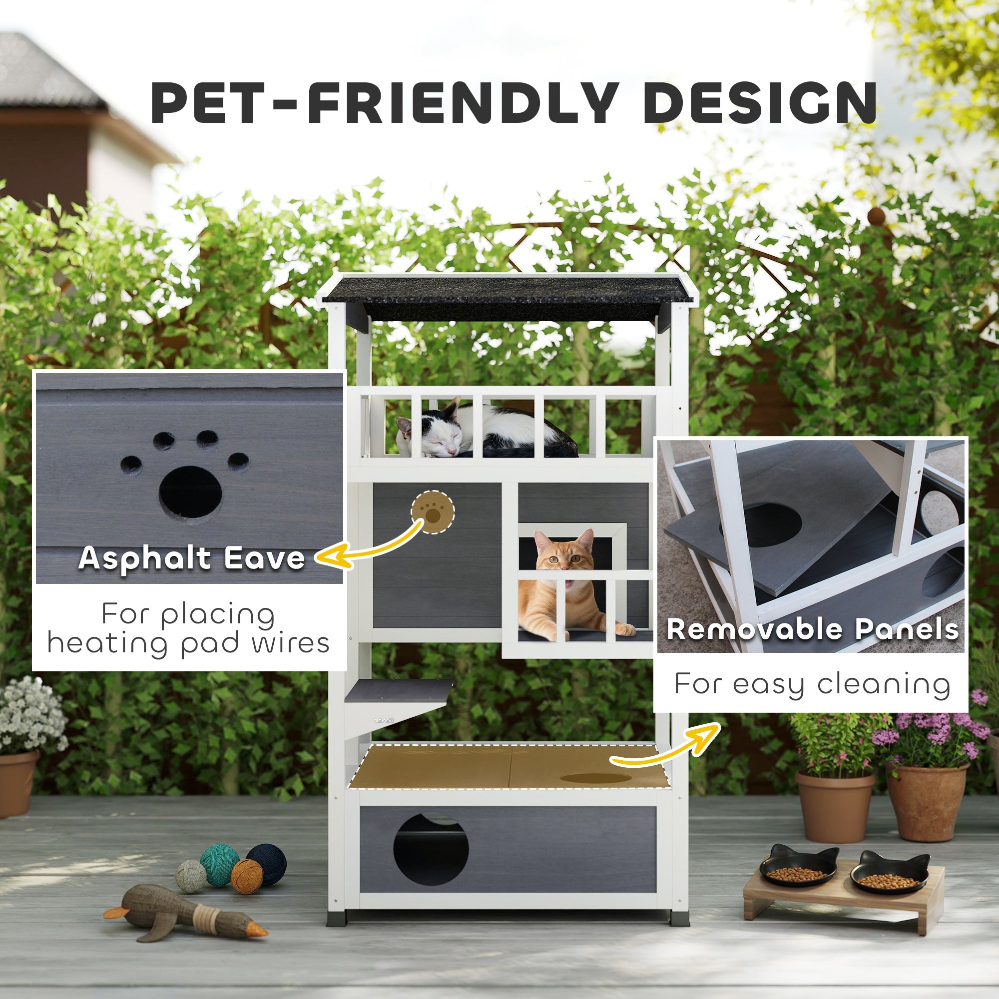 PawHut Wooden Outdoor Cat House, 3-Tier Cat Shelter with Tilted Roof, Terrace, Jump Step, Bottom Tray and Elevated Base, Waterproof Paint, Grey