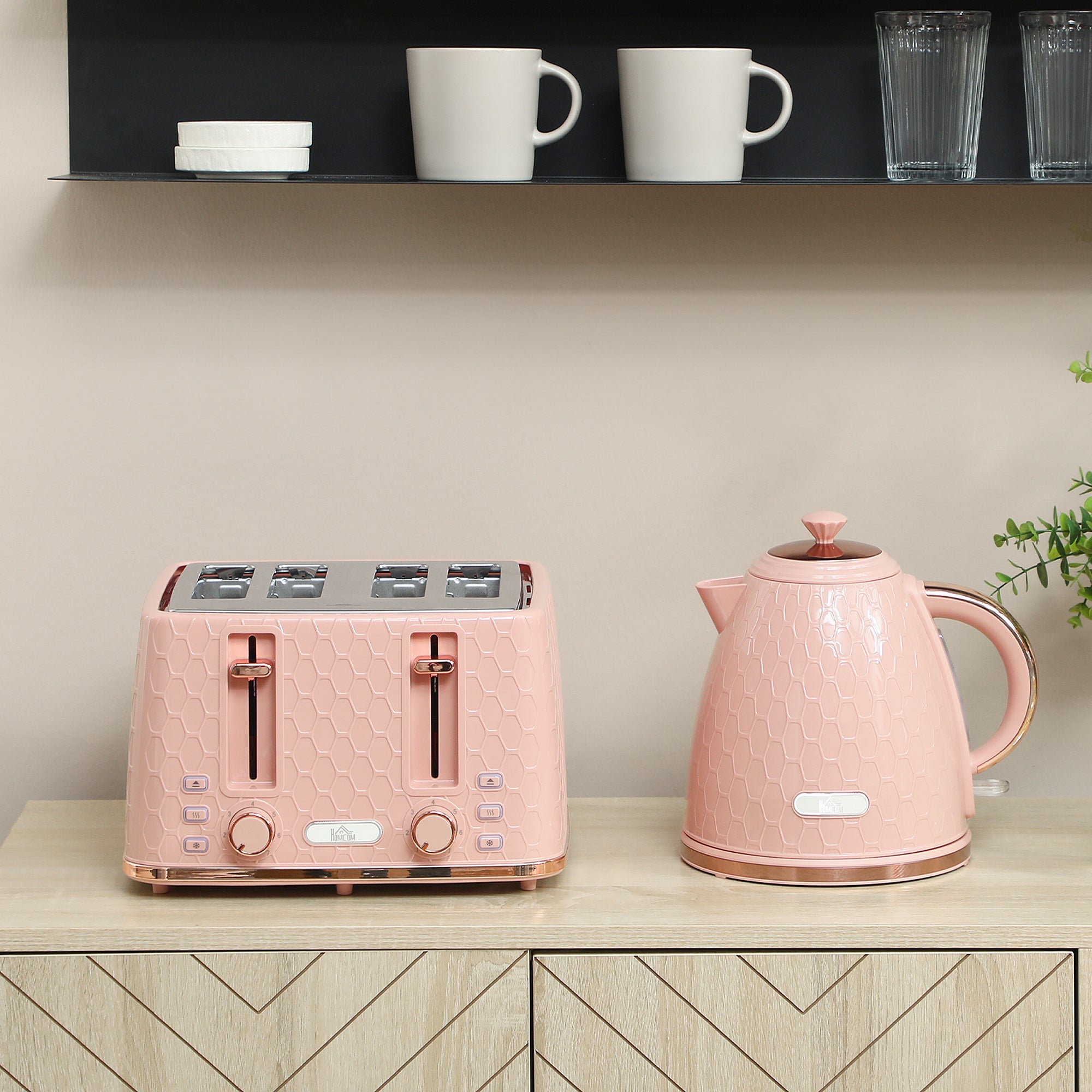 HOMCOM Kettle and Toaster Set, 1.7L 3000W Fast Boil Jug Kettle, 4 Slice Toaster with 7 Level Browning Controls, Light Pink