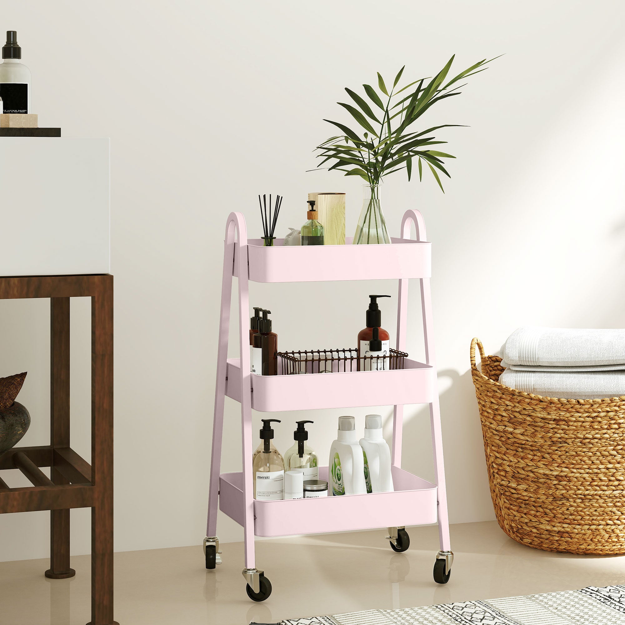 HOMCOM Three-Tier Storage Trolley - Pink
