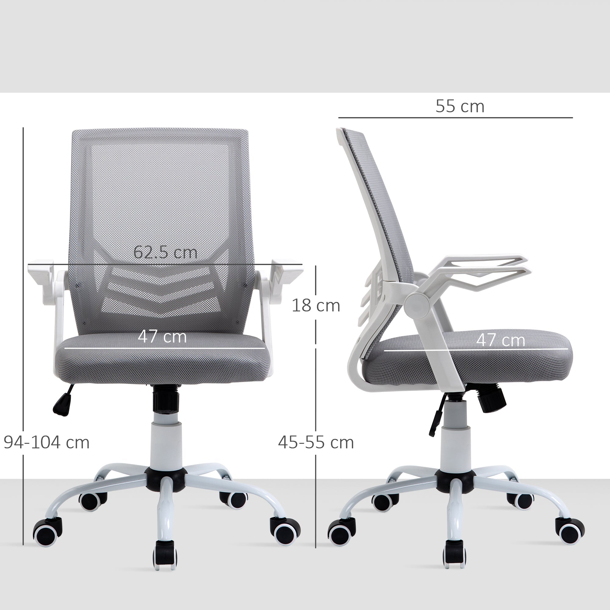 Vinsetto Mesh Office Chair with Flip-up Armrest, Swivel Computer Chair with Lumbar Support, Adjustable Height, Tilt Function for Home/Office, Grey