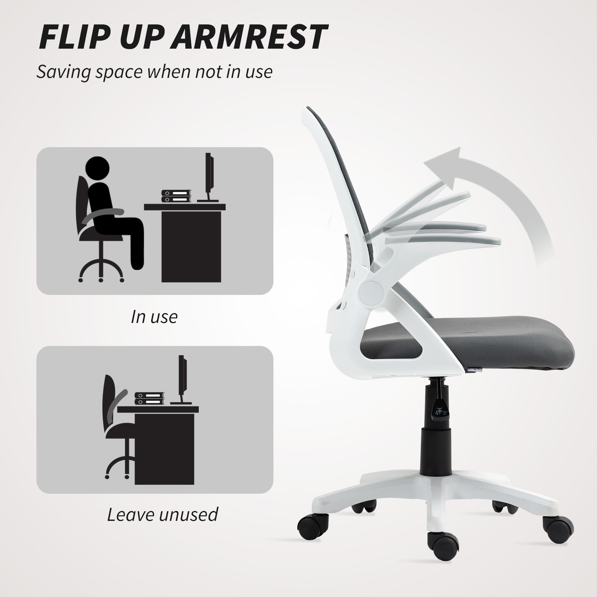 HOMCOM Breathable Mesh Office Chair, Ergonomic Swivel Computer Chair with Flip-up Armrests, Lumbar Back Support for Home/Office, Grey