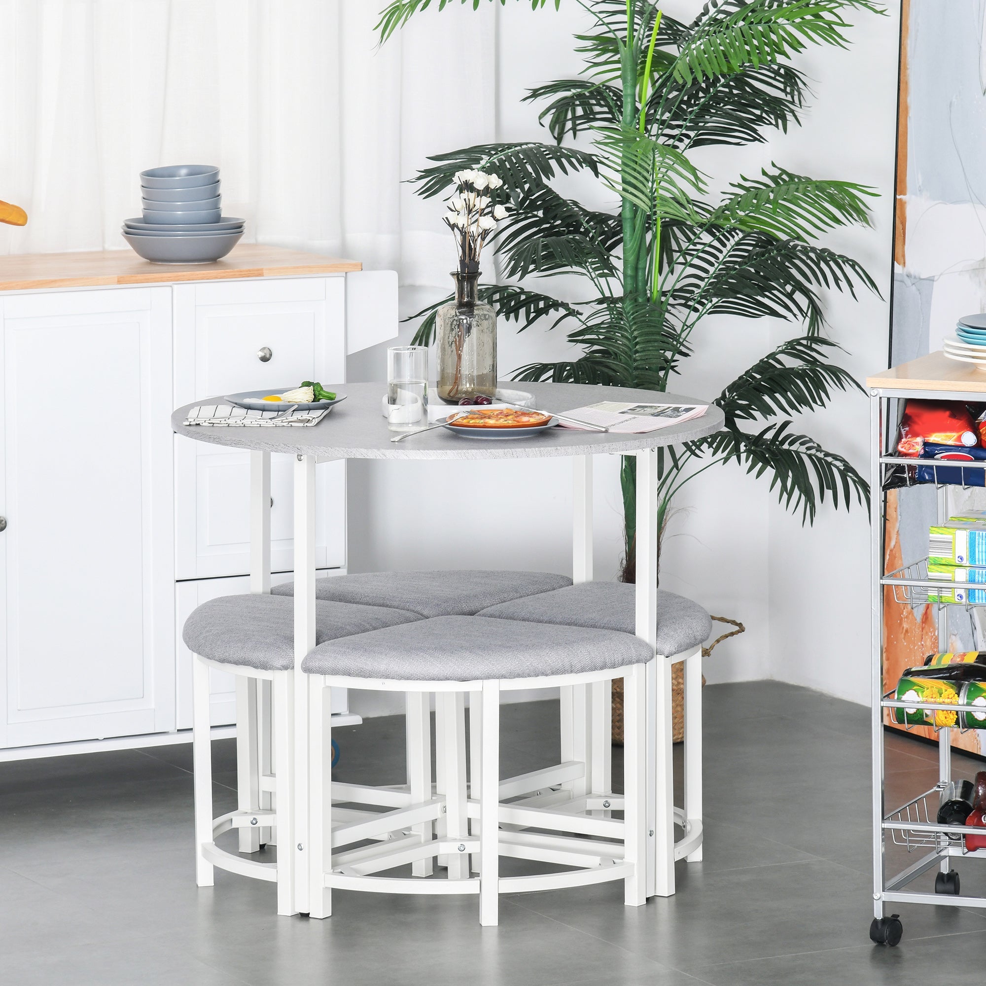 HOMCOM Modern Round Dining Table Set with 4 Upholstered Stools for Dining Room, Kitchen, Grey