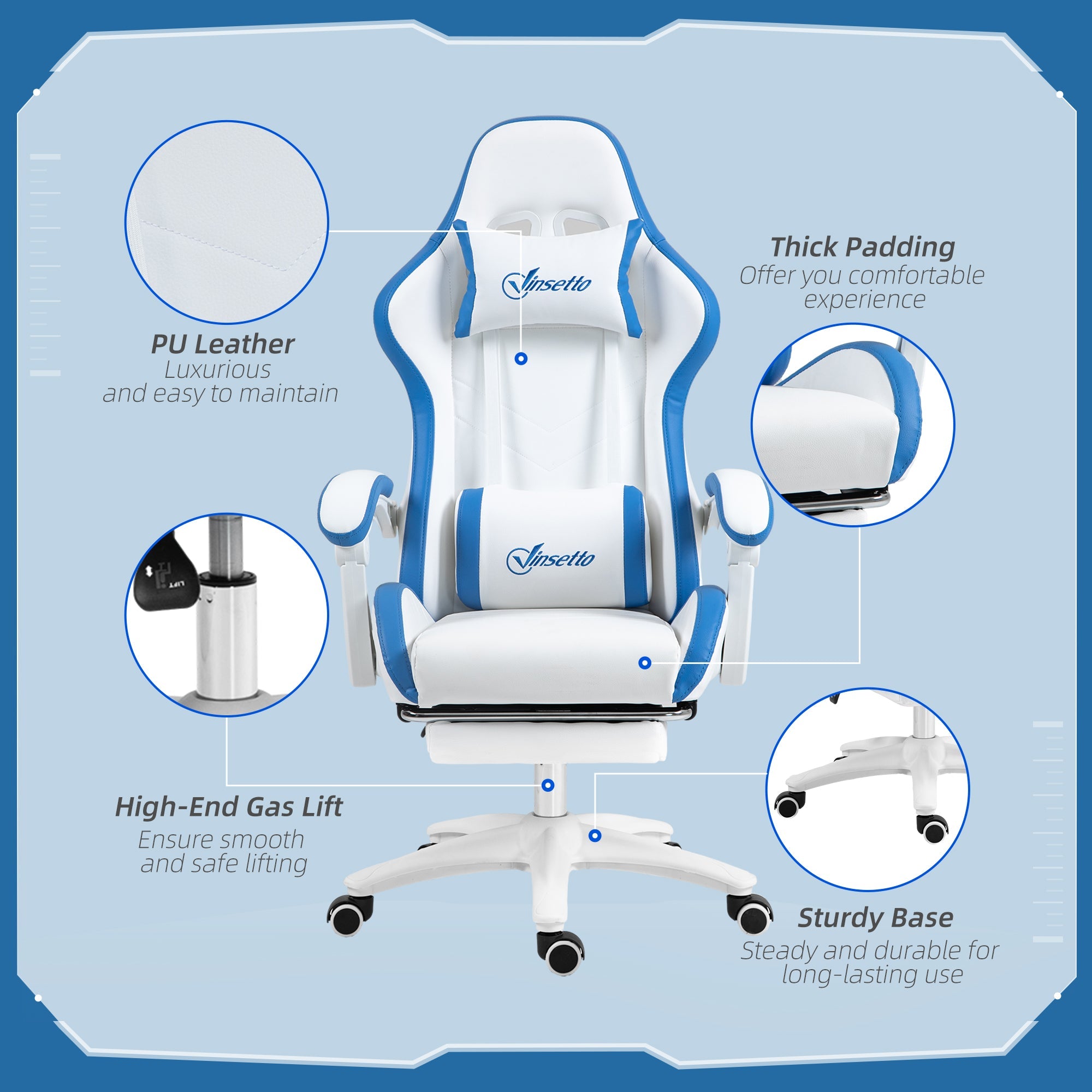 Vinsetto Computer Gaming Chair, PU Leather Office Desk Chair with Footrest, Swivel Wheels, 135√Ç¬∞ Reclining Back, Lumbar Support, Headrest for Home, White and Blue