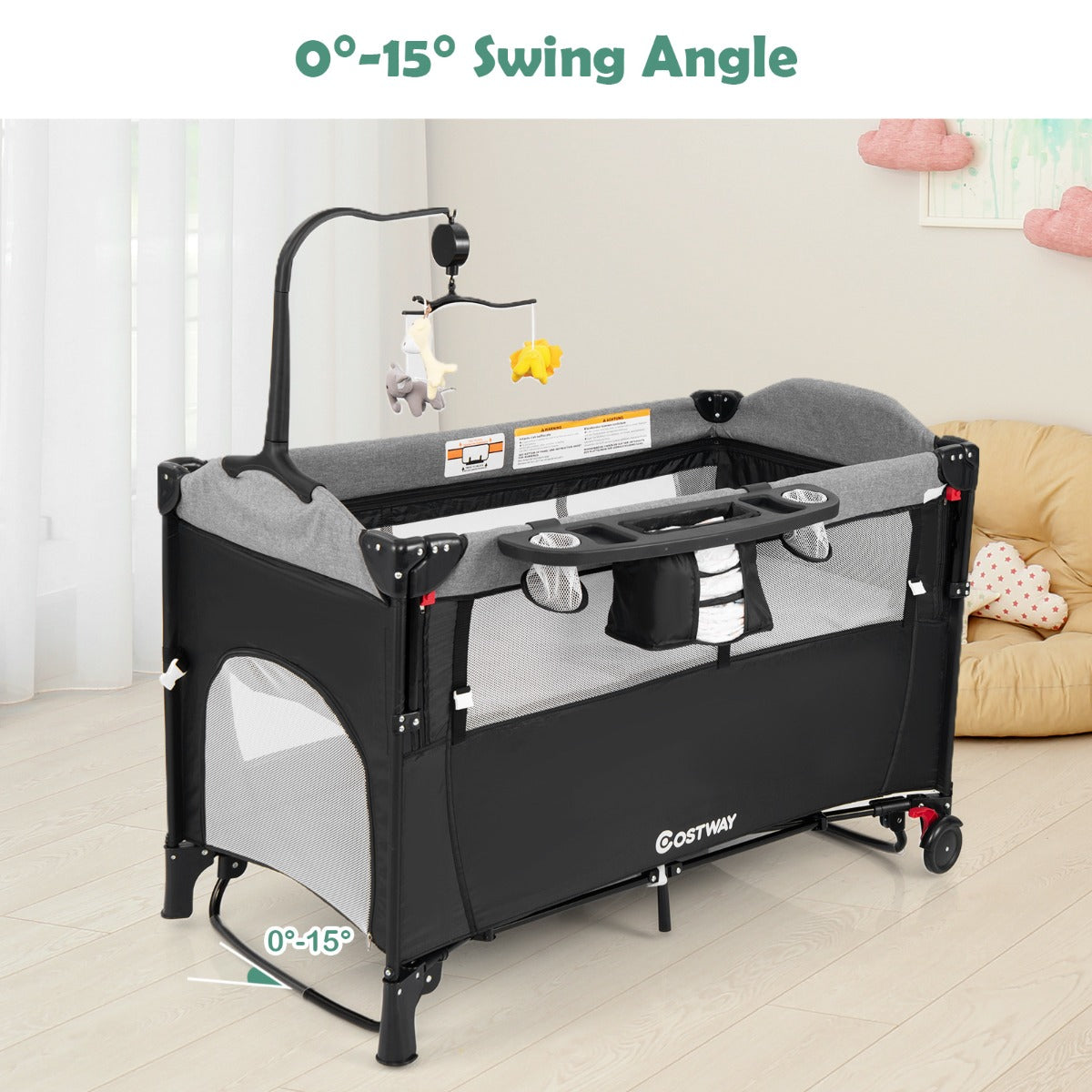 5-in-1 Baby Bassinet Bedside Sleeper with Diaper Changer and Hanging Toys-Black