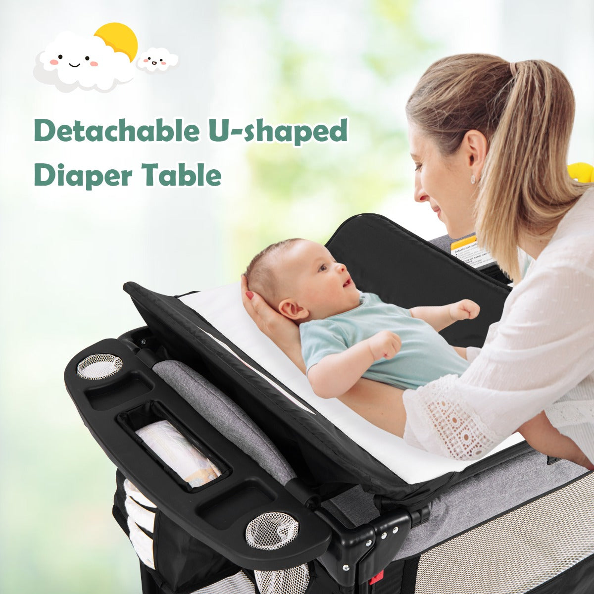 5-in-1 Baby Bassinet Bedside Sleeper with Diaper Changer and Hanging Toys-Black