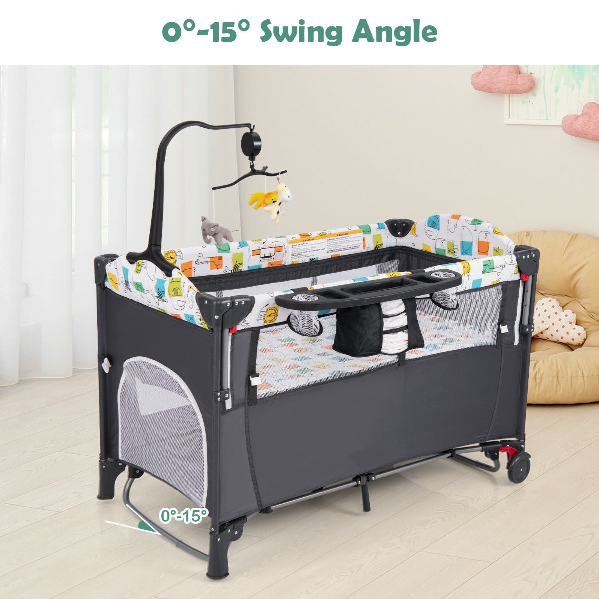 5-in-1 Baby Bassinet Bedside Sleeper with Diaper Changer and Hanging Toys-Grey