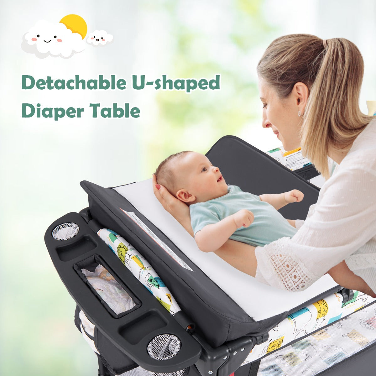 5-in-1 Baby Bassinet Bedside Sleeper with Diaper Changer and Hanging Toys-Grey