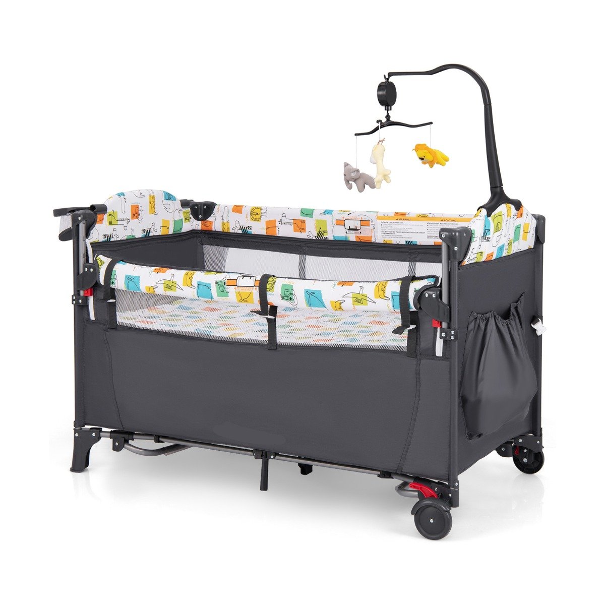 5-in-1 Baby Bassinet Bedside Sleeper with Diaper Changer and Hanging Toys-Grey