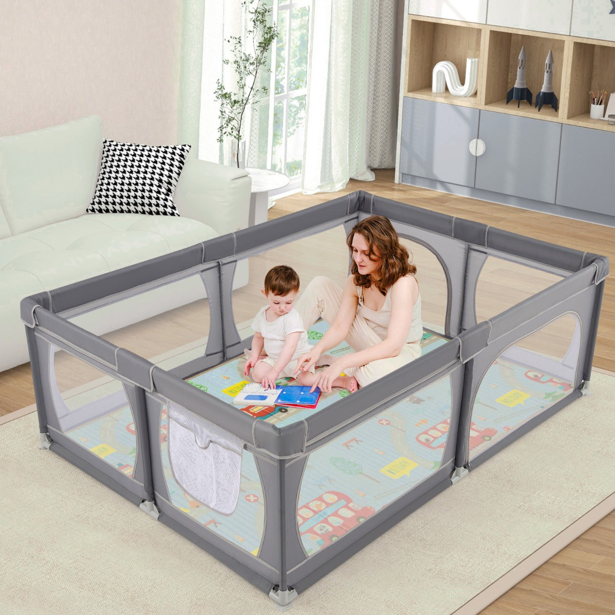 Baby Playpen with Mat and 4 Pull Rings -Dark Grey