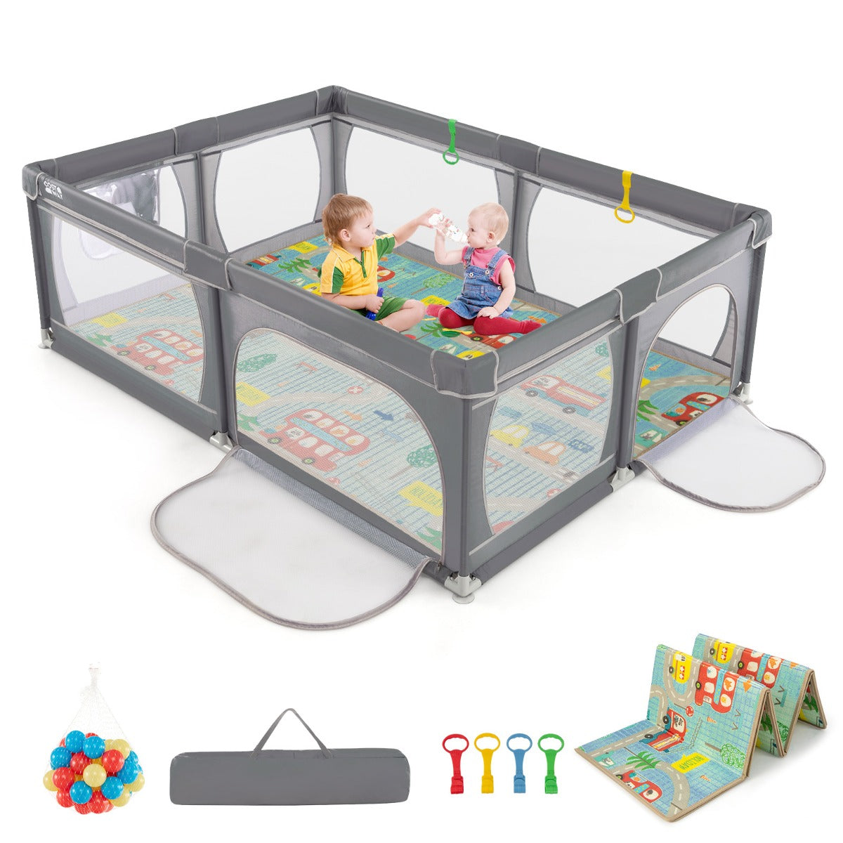 Baby Playpen with Mat and 4 Pull Rings -Dark Grey
