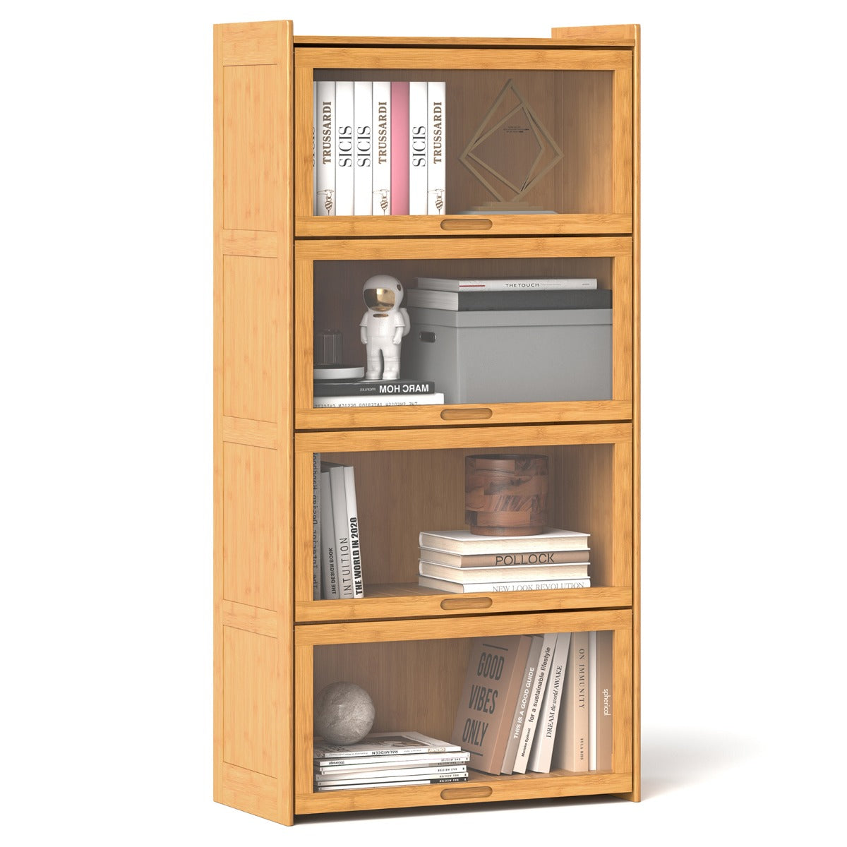 Bamboo Bookshelf with See-through Acrylic Doors-Natural