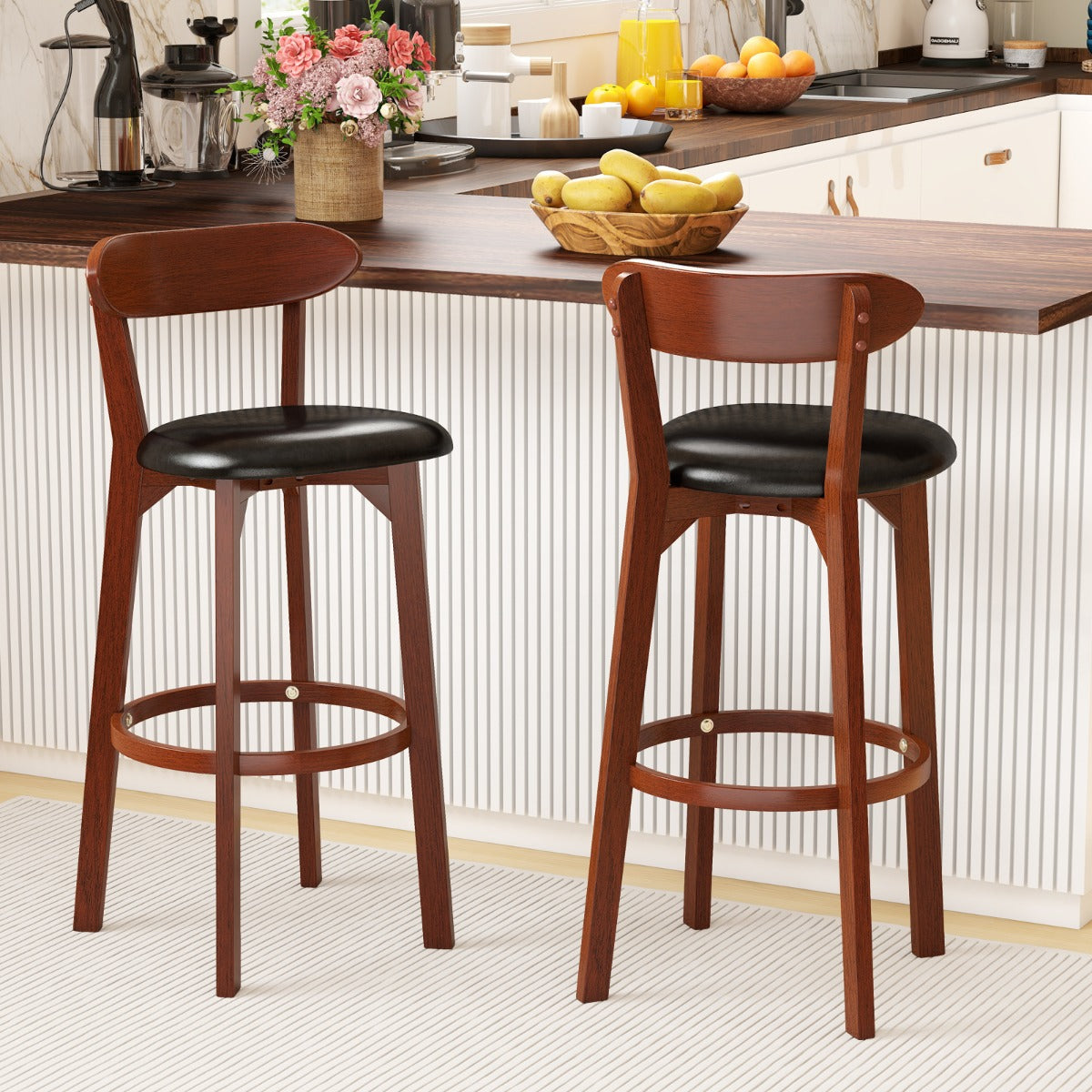 Bar Stool Set of 2 with Curved Backrest and Footrest-29 Inches