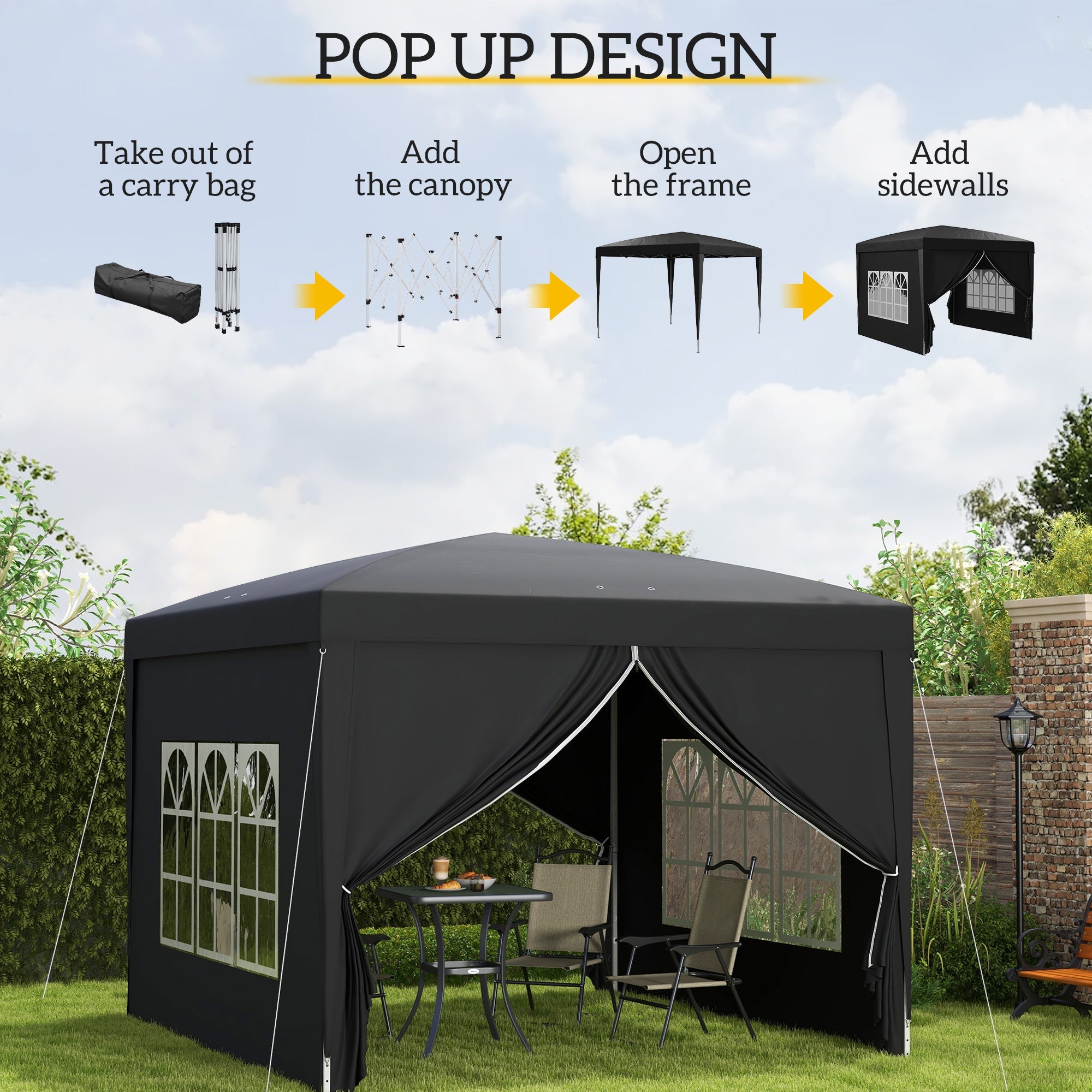 Outsunny 3 x 3(m) Pop Up Gazebo, Water and UV Resistant Party Tent Camping Canopy Marquee with Carry Bag, Black