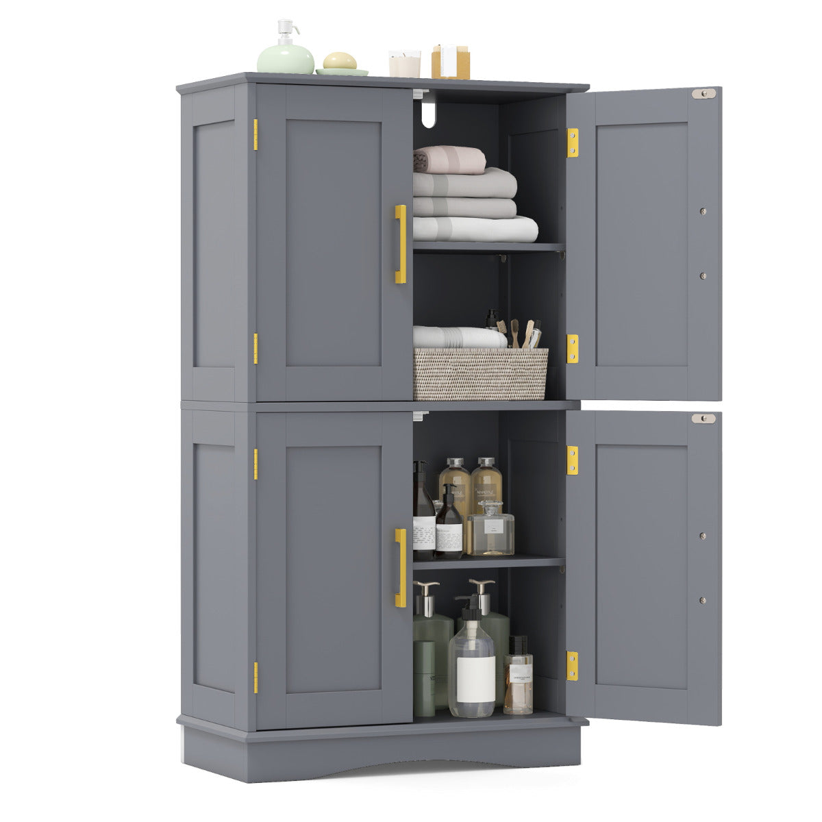 Bathroom Floor Storage Cabinet with 4 Doors and 2 Adjustable Shelves-Grey