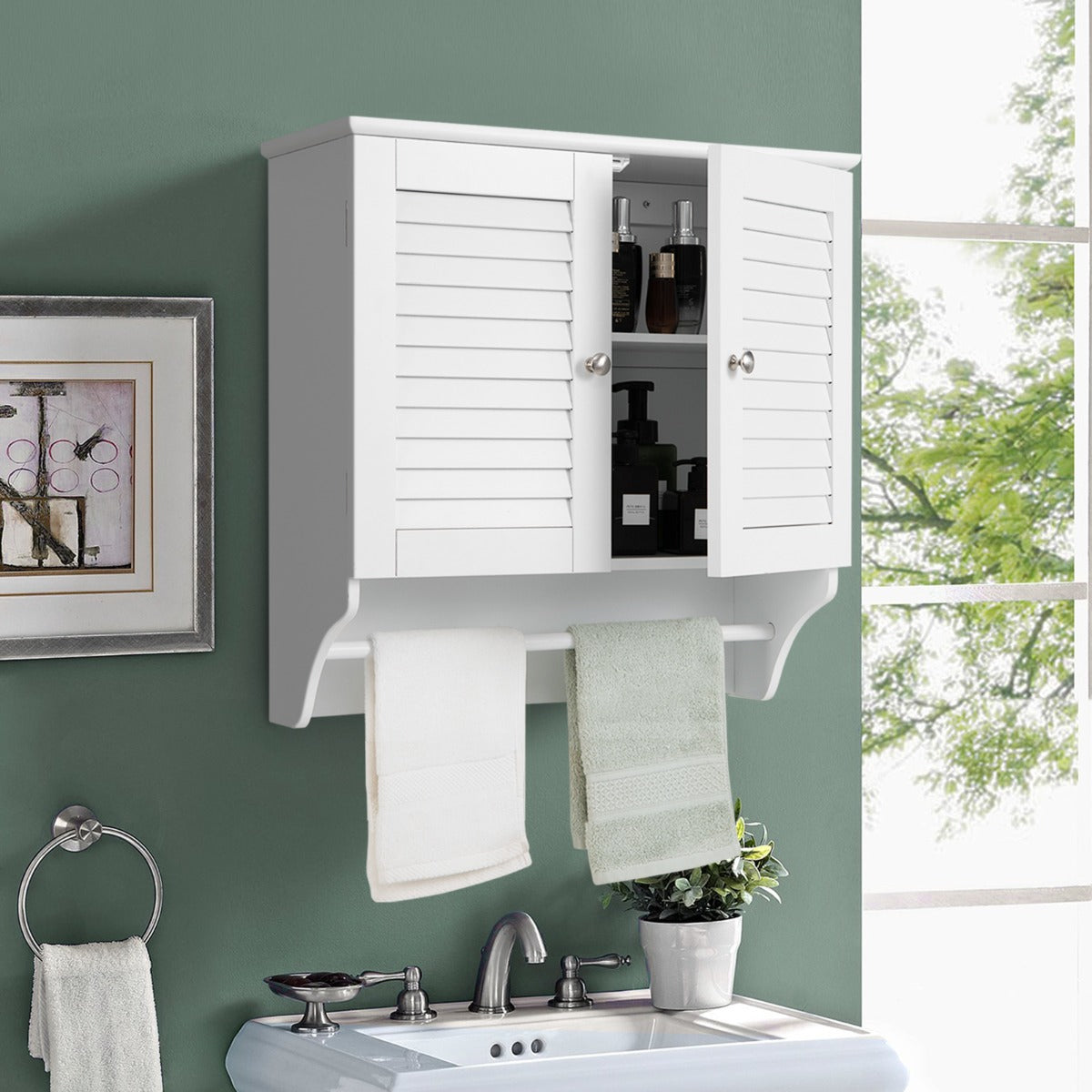 Wall Mounted Double Louvered Doors Storage Cabinet with Height Adjustable Shelf and Towels Bar-White