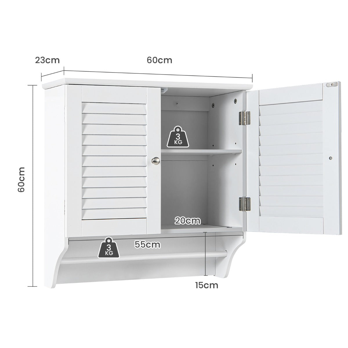 Wall Mounted Double Louvered Doors Storage Cabinet with Height Adjustable Shelf and Towels Bar-White