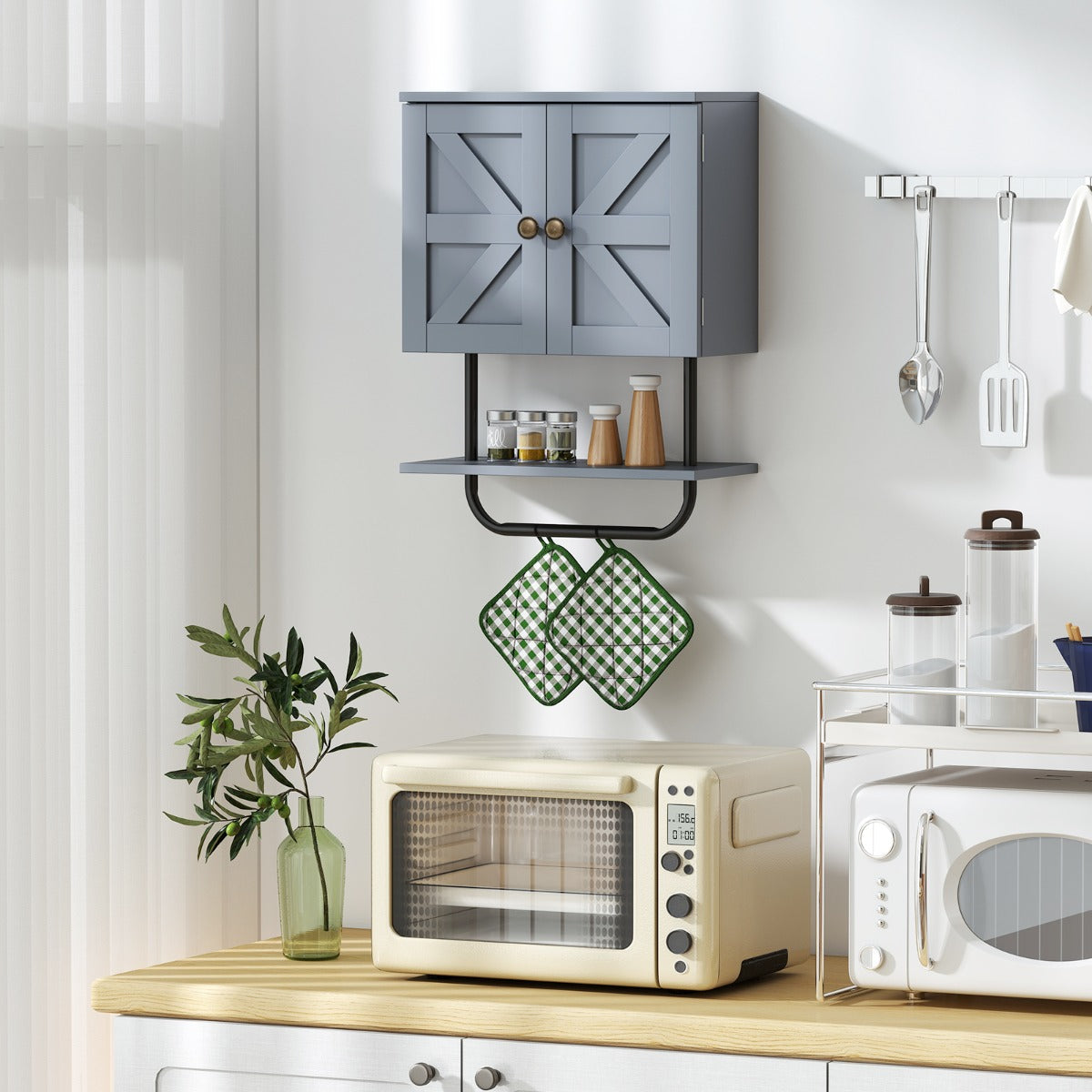 Bathroom Wall Cabinet with Double Door and Open Shelf and Towel Rack-Grey