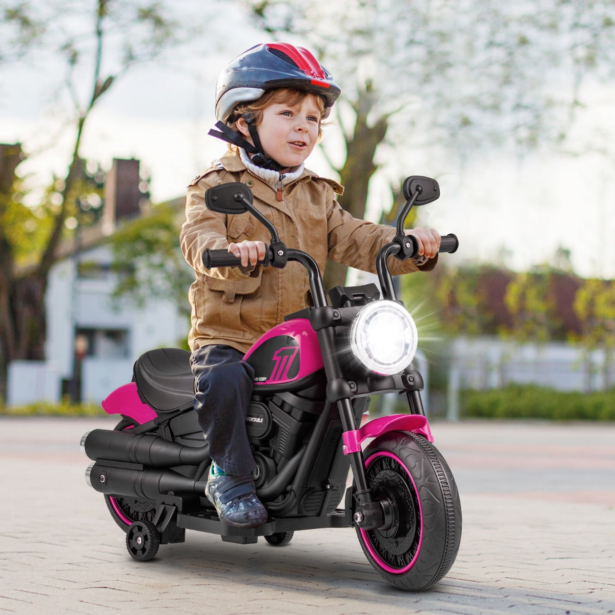 6V Kids Ride On Motorcycle with Training Wheels and Headlight for Toddlers-Pink