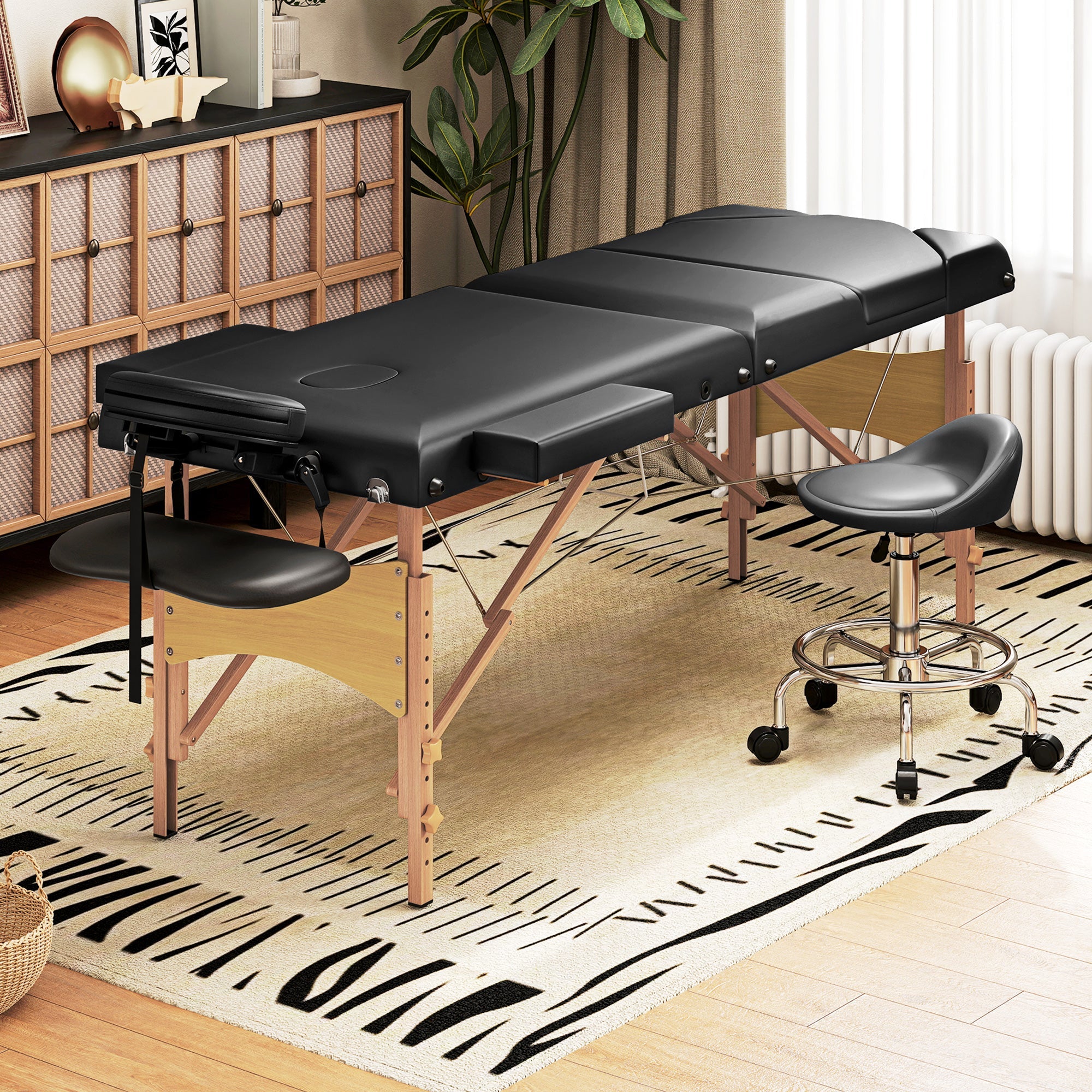 HOMCOM Foldable Massage Table with Beech Wood Legs - Black