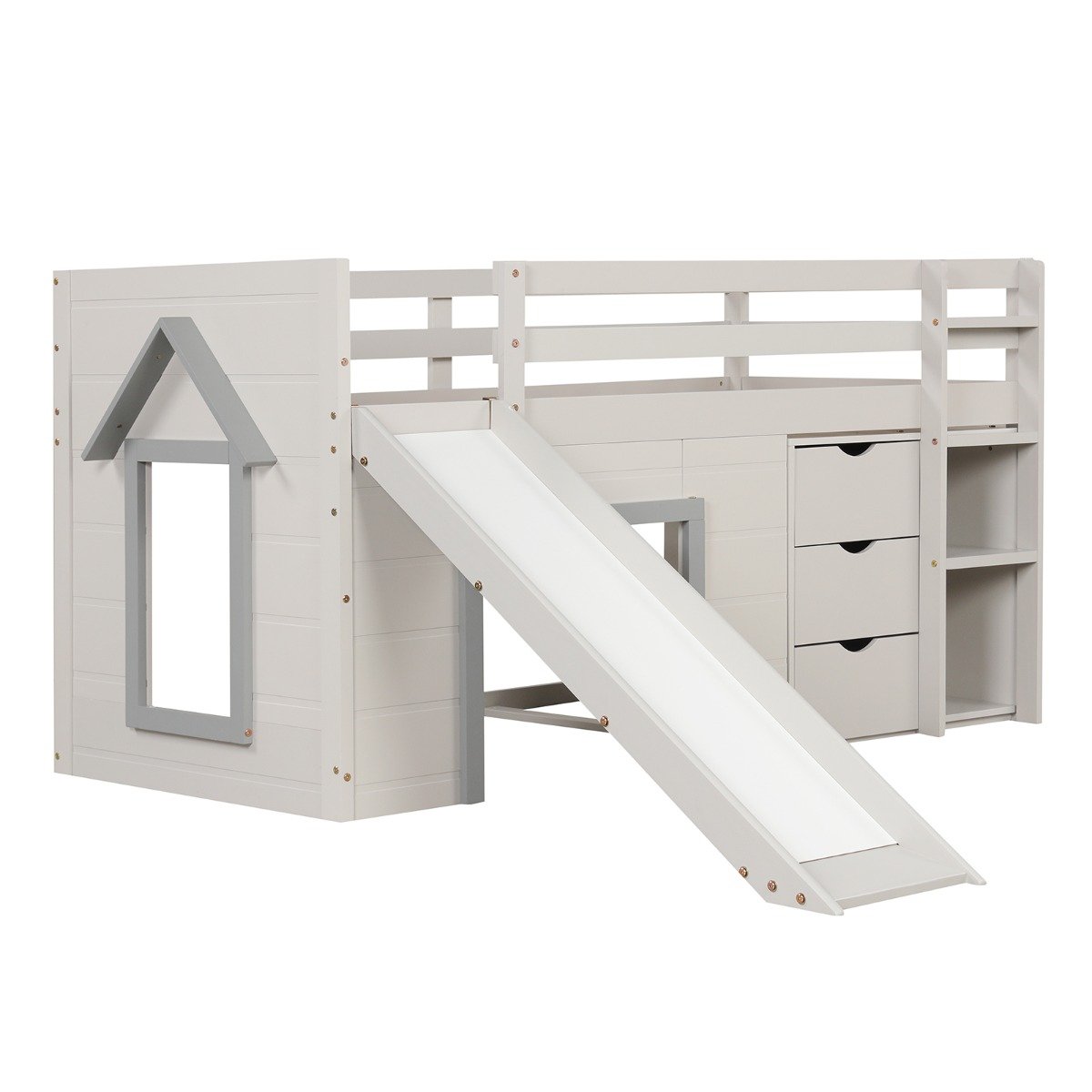 Single Size Pine Wood Loft Bed with Slide and Ladder and Game House-Grey