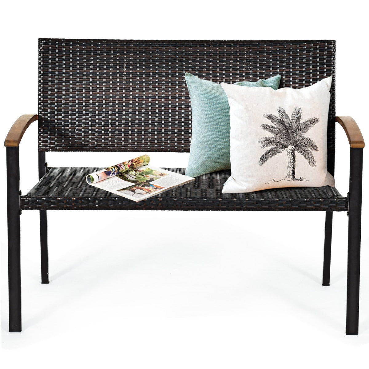 2-Person Outdoor Garden Stackable Bench with Acacia Wood Armrests