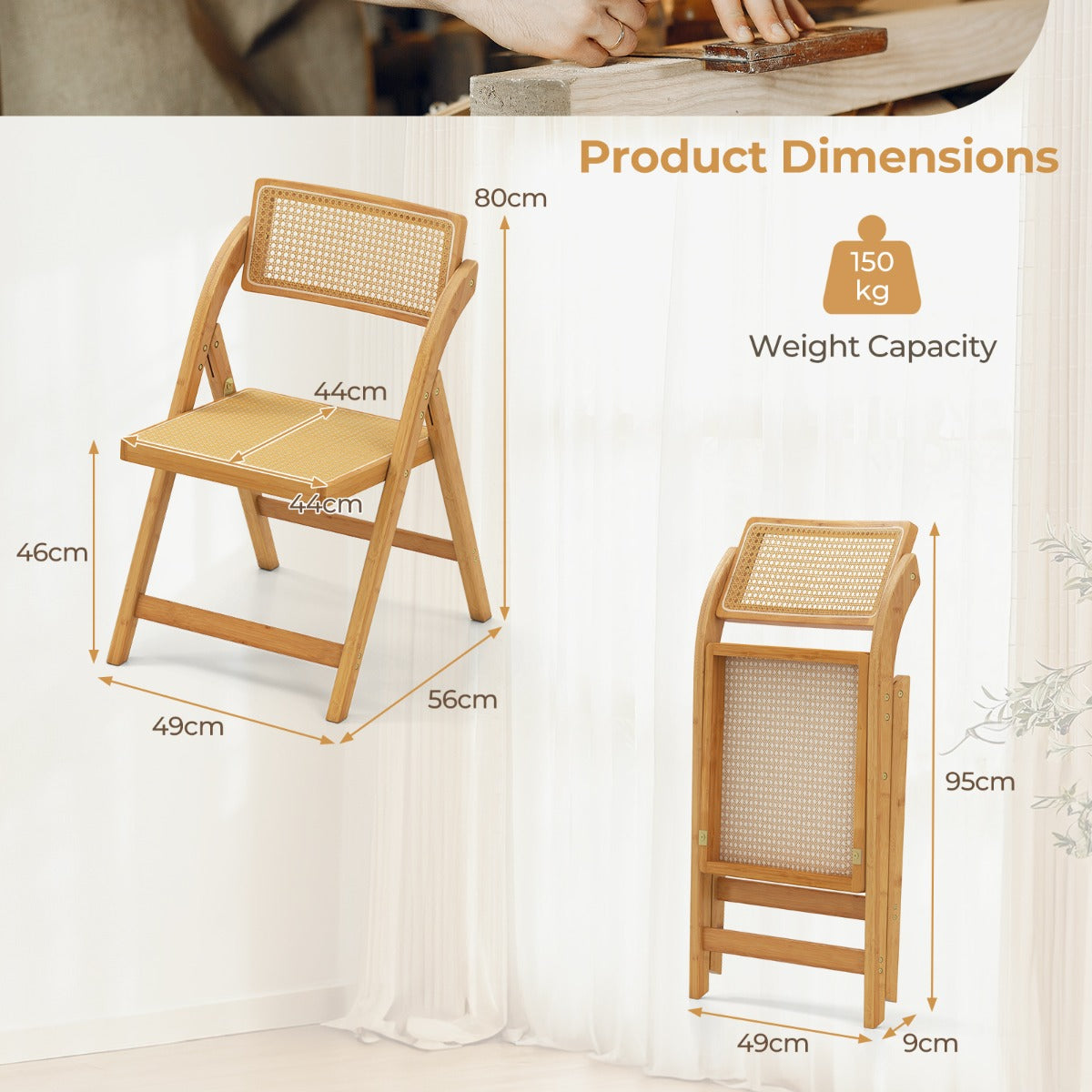 Boho Accent Rattan Cane Folding Chairs Set of 2 Bamboo Dining Chairs-Natural