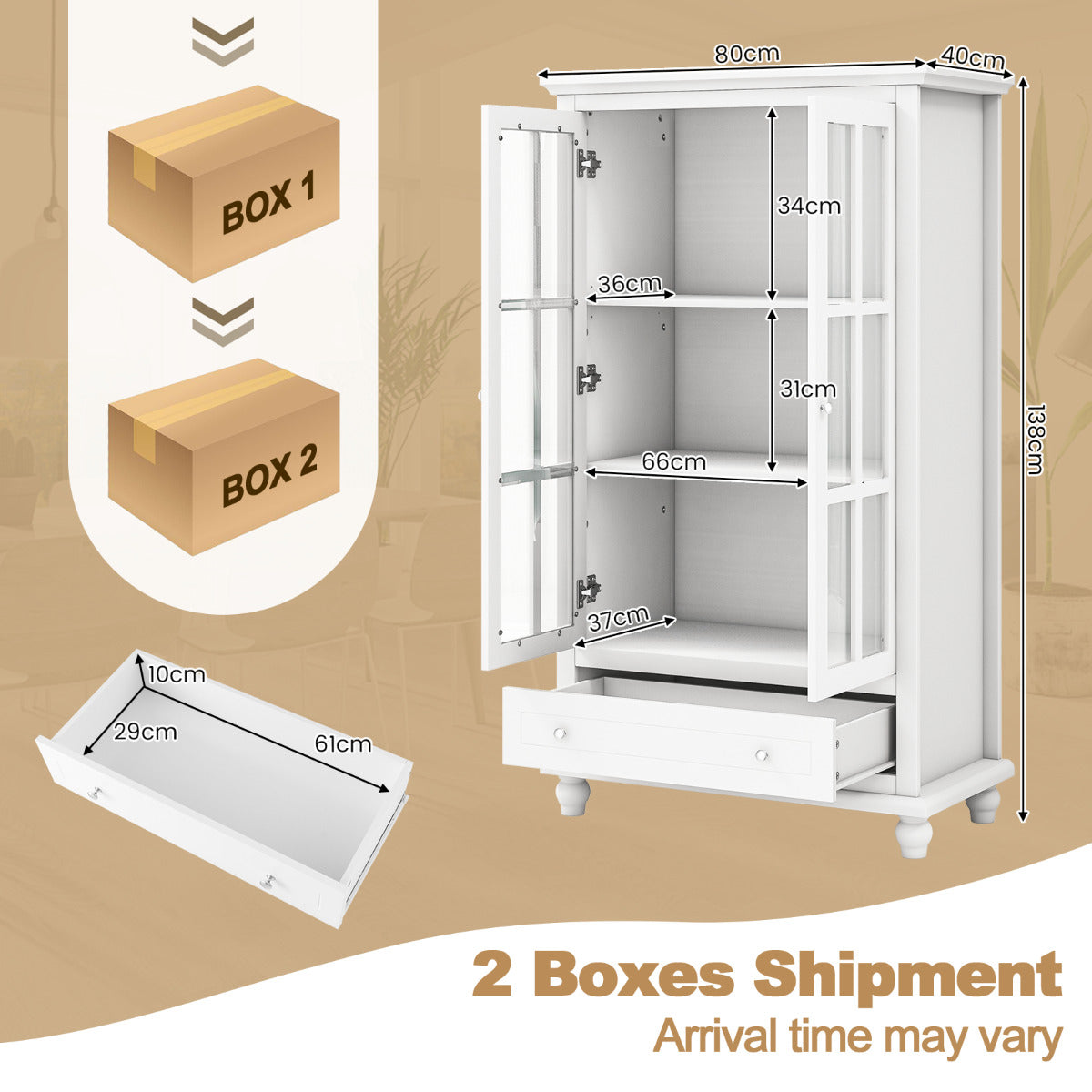 Bookcase Cabinet with Tempered Glass Doors and Adjustable Shelf-White