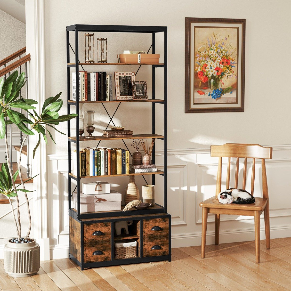 8-tier Bookshelf with Storage and 4 Fabric Drawers -Rustic Brown