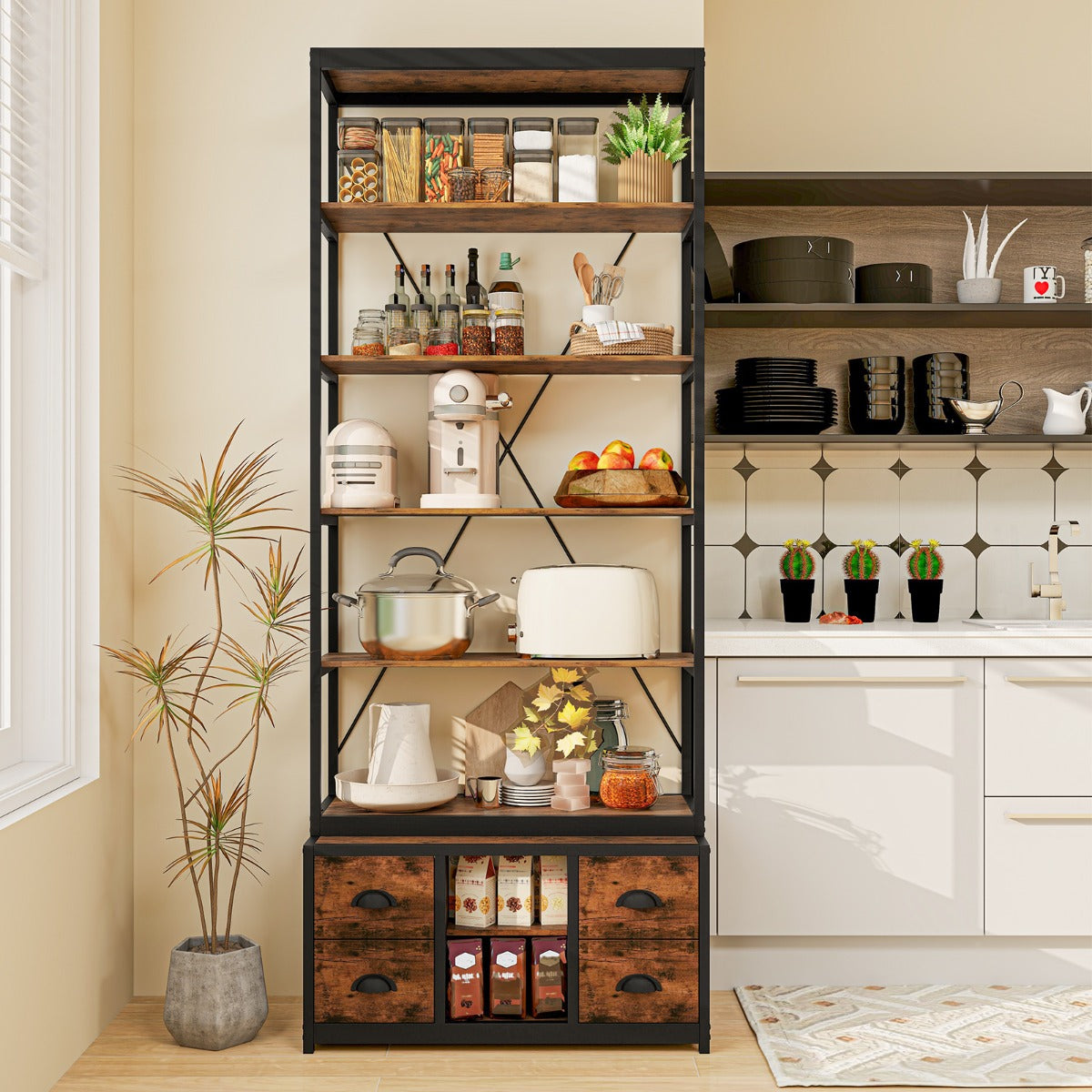 8-tier Bookshelf with Storage and 4 Fabric Drawers -Rustic Brown