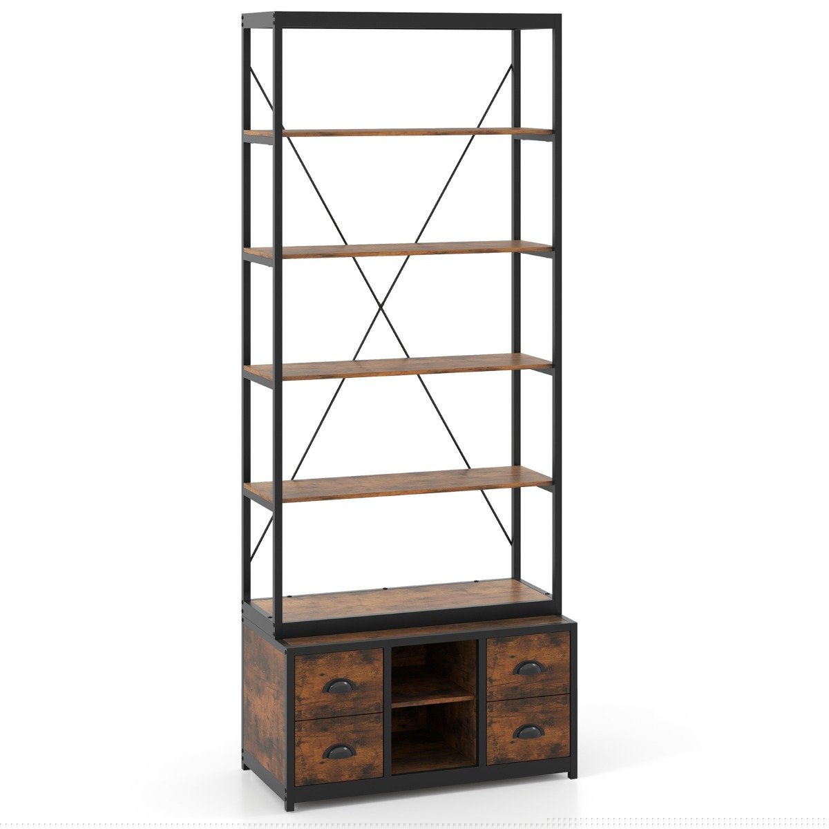 8-tier Bookshelf with Storage and 4 Fabric Drawers -Rustic Brown