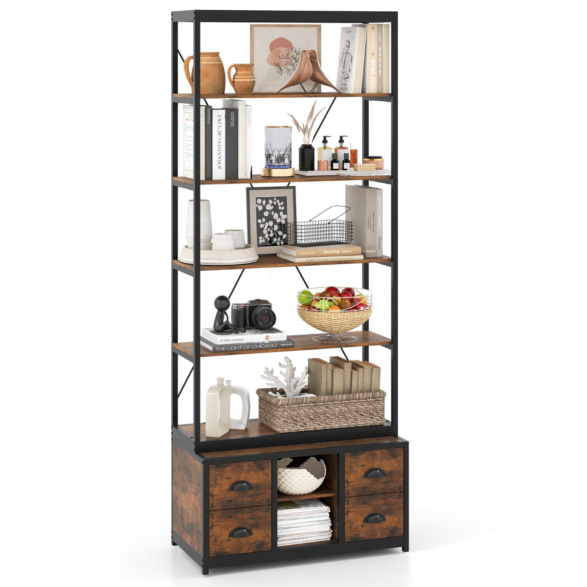 8-tier Bookshelf with Storage and 4 Fabric Drawers -Rustic Brown