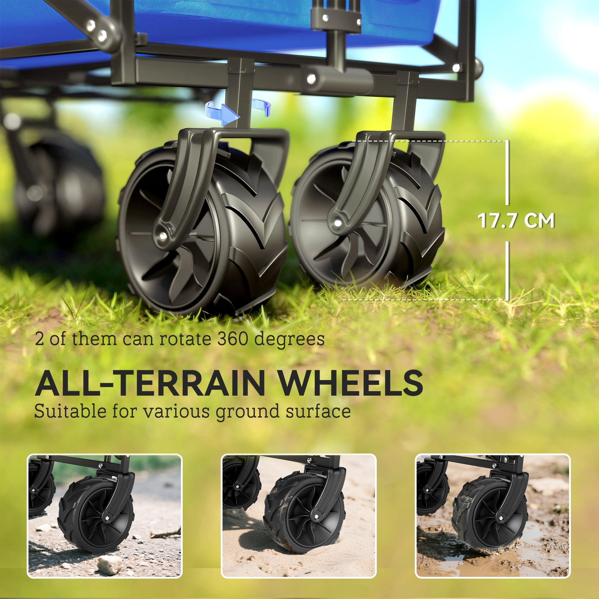 Outsunny Folding Trolley Cart Storage Wagon Beach Trailer 4 Wheels with Handle Overhead Canopy Cart Push Pull for Camping, Blue