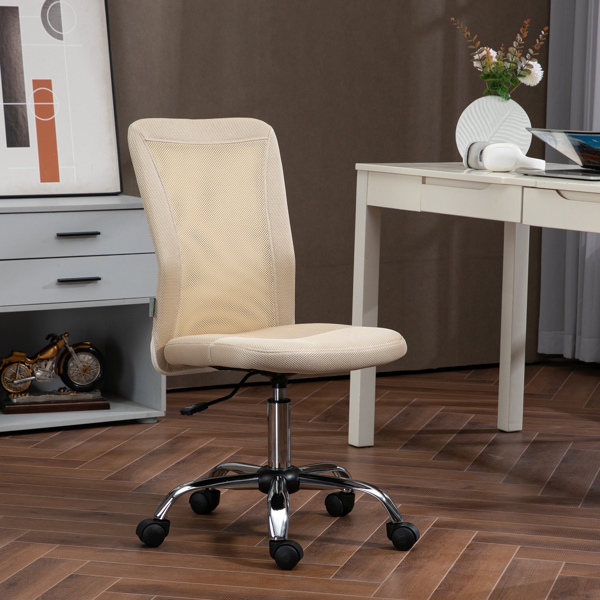 Vinsetto Computer Desk Chair, Mesh Office Chair with Adjustable Height and Swivel Wheels, Armless Study Chair, Beige