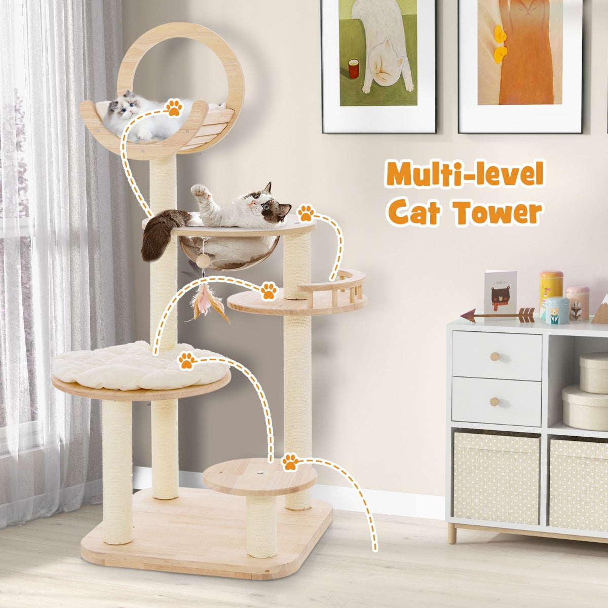 4-in-1 Large Wooden Cat Tower with Space Capsule Nest and Sisal Scratching Posts