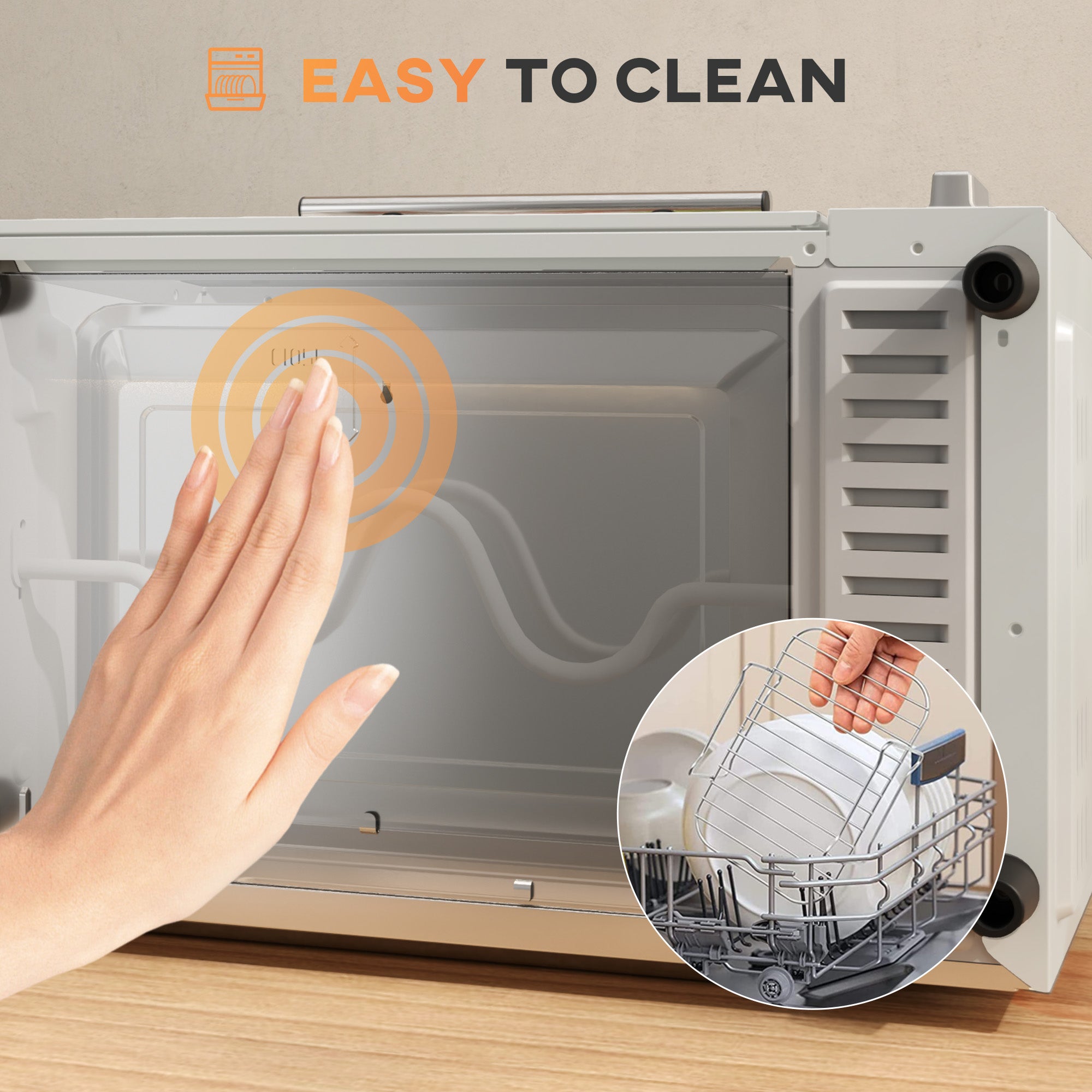 HOMCOM Mini Oven, 9L Countertop Electric Grill, Toaster Oven with Adjustable Temperature, Timer, Dishwasher Safe Baking Tray and Wire Rack, 750W, Cream