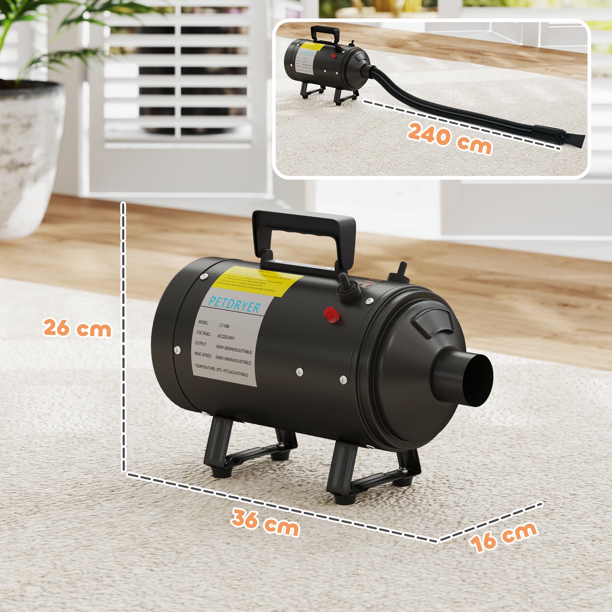 PawHut 2200W Dog Hair Dryer with Adjustable Temperature & Velocity, 3 Different Nozzles, Black